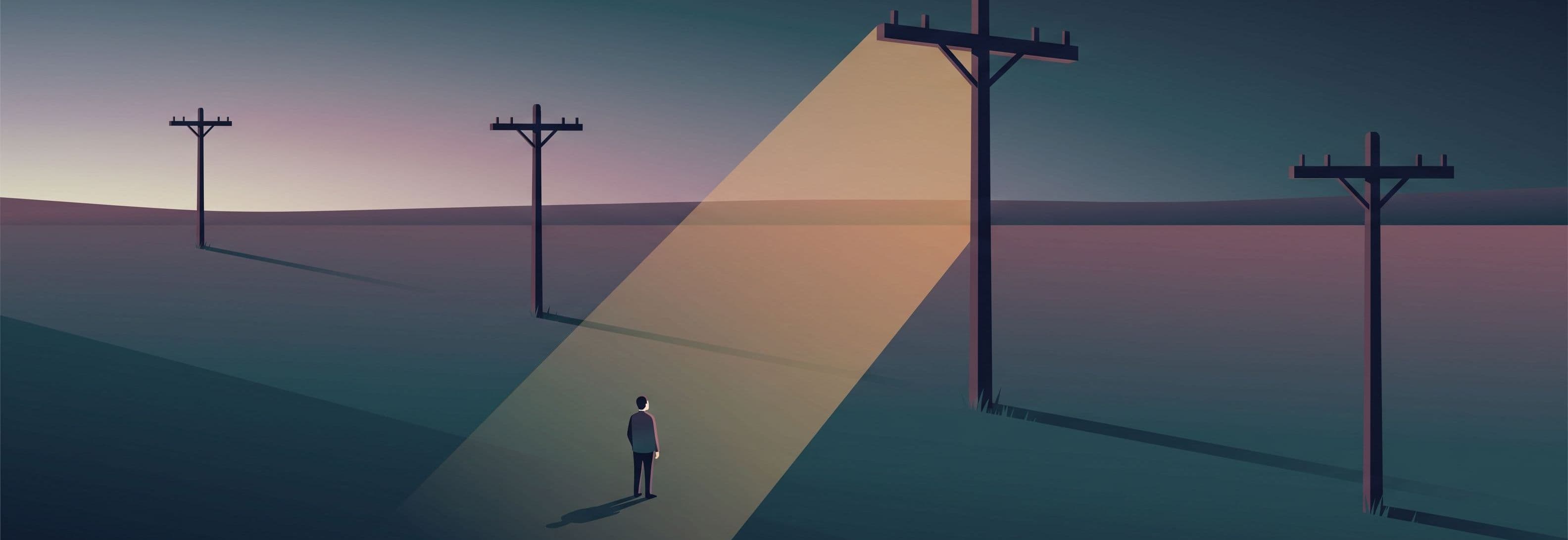 A solitary figure in a vast field faces four telegraph poles receding into dusk. One pole towers enormously above the others