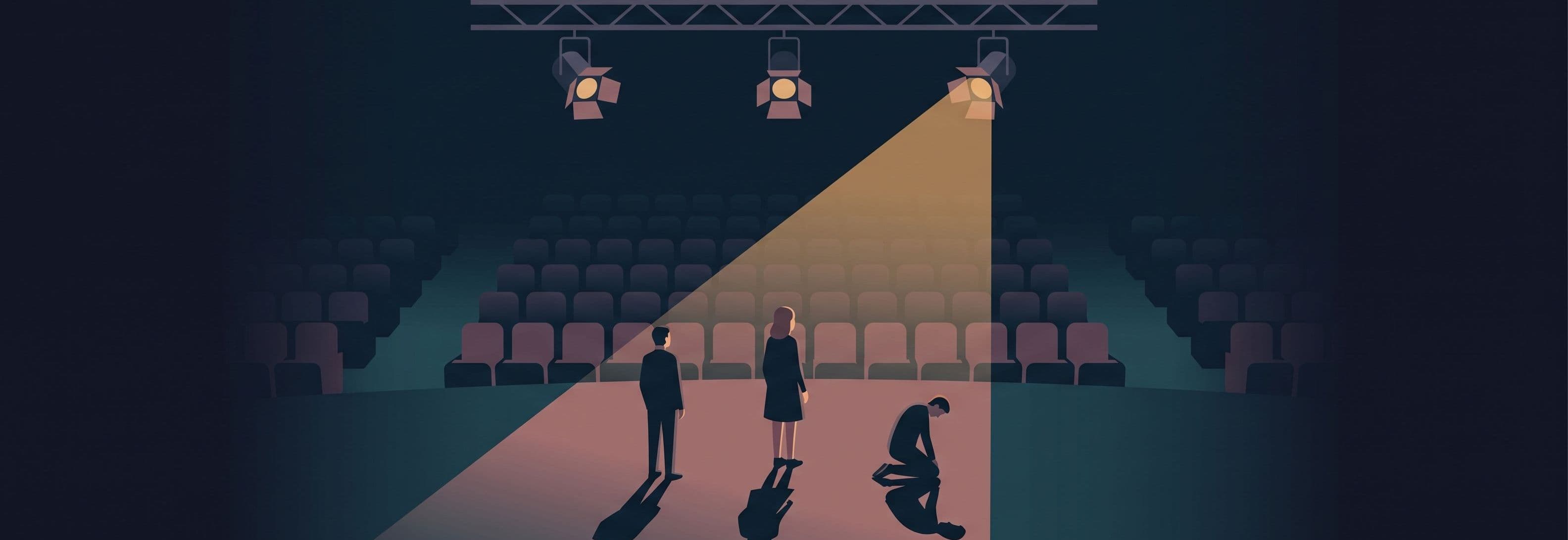 Lone figure on stage. Three identical lights overhead. Three different shadows below that don't match the figure's stance.