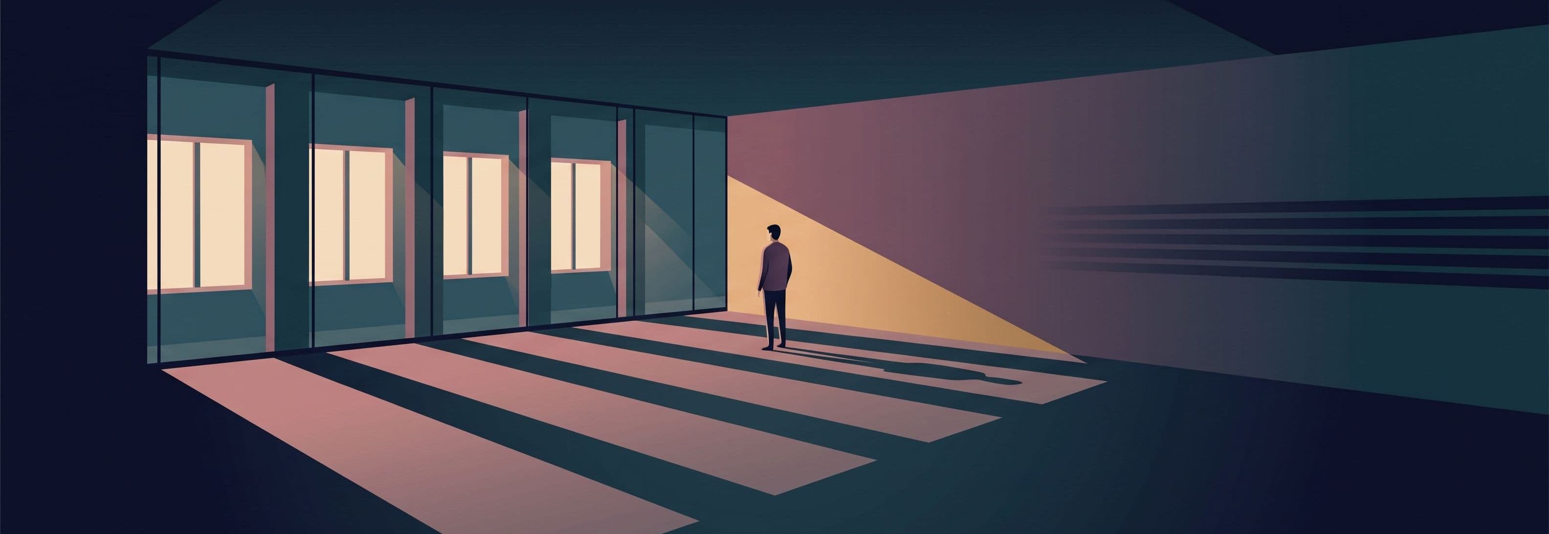 Figure in empty office. Four window bays cast identical light stripes across the floor. The stripes pass through a solid wall