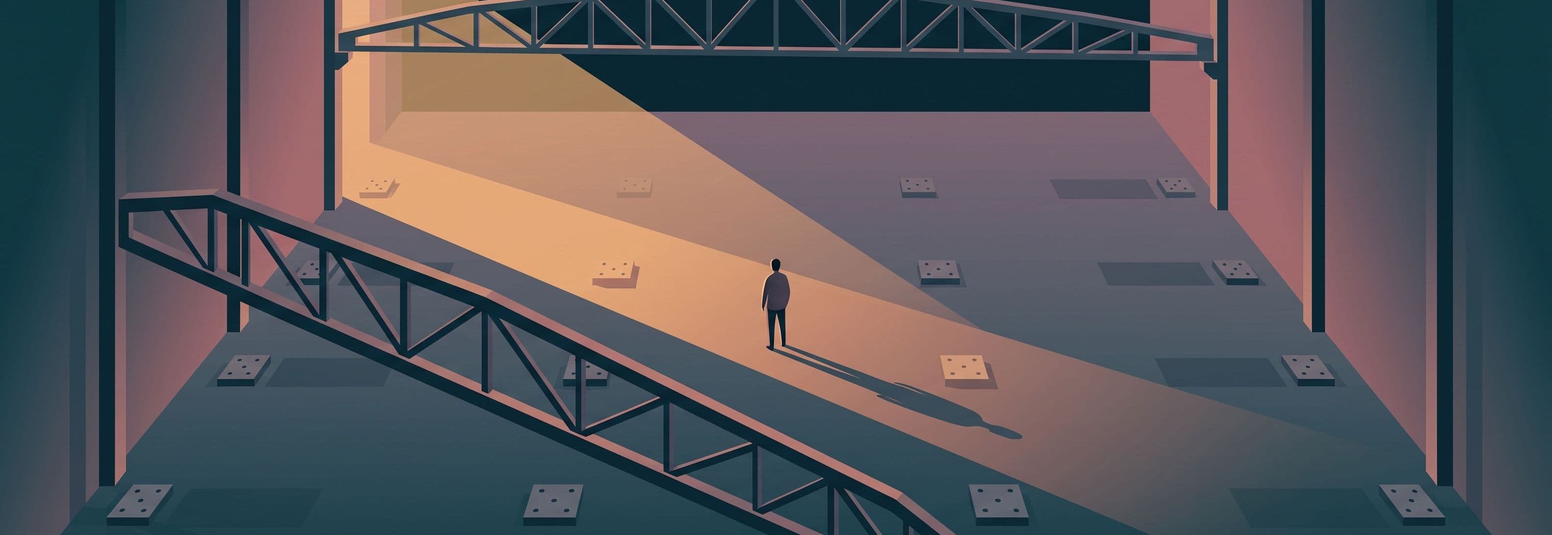 Lone figure in empty warehouse facing two identical steel trusses. Floor and walls show anchor marks where more should stand.