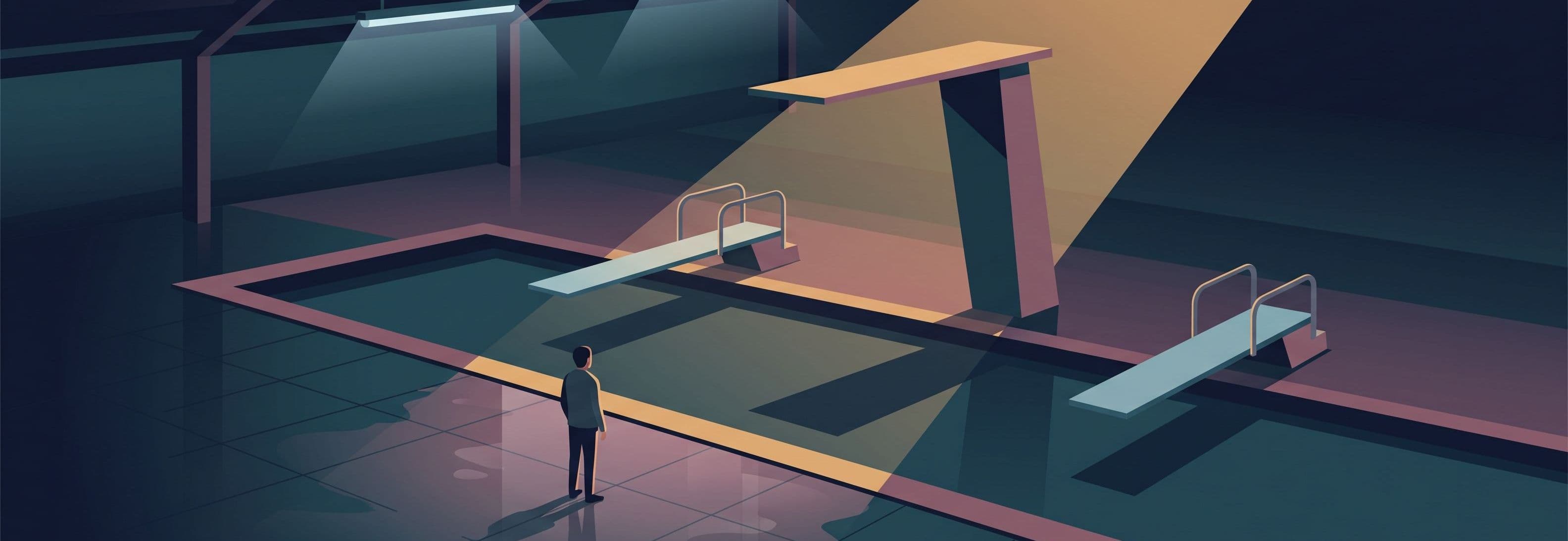Lone figure in empty pool hall at night with two ordinary diving boards and one impossibly oversized board casting shadows on