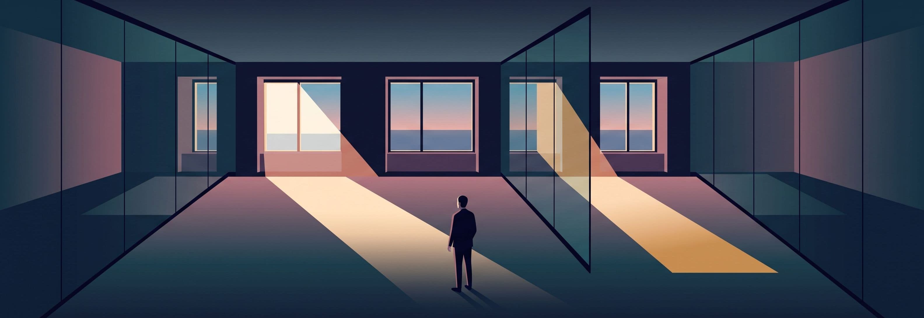 Silhouetted figure in empty glass office. Sunlight beam passes straight through solid glass partition without bending or