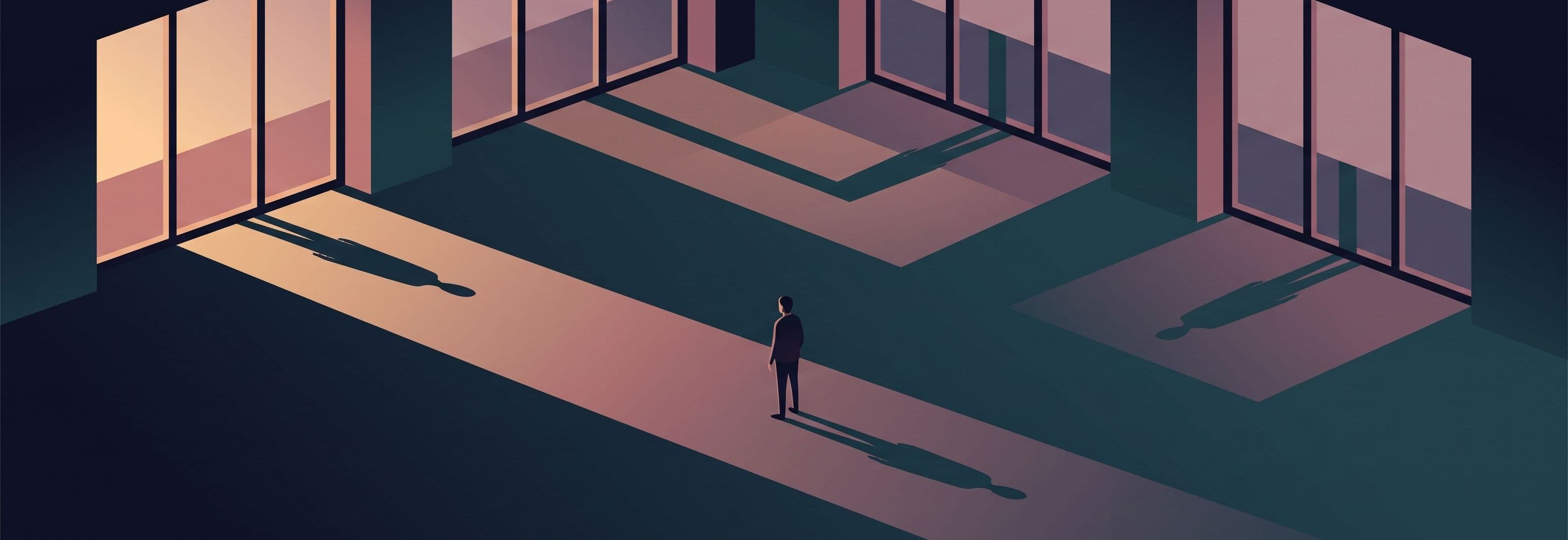 Lone figure in empty office. Four identical window bays. Sunlight shadow passes straight through solid glass bays as if they