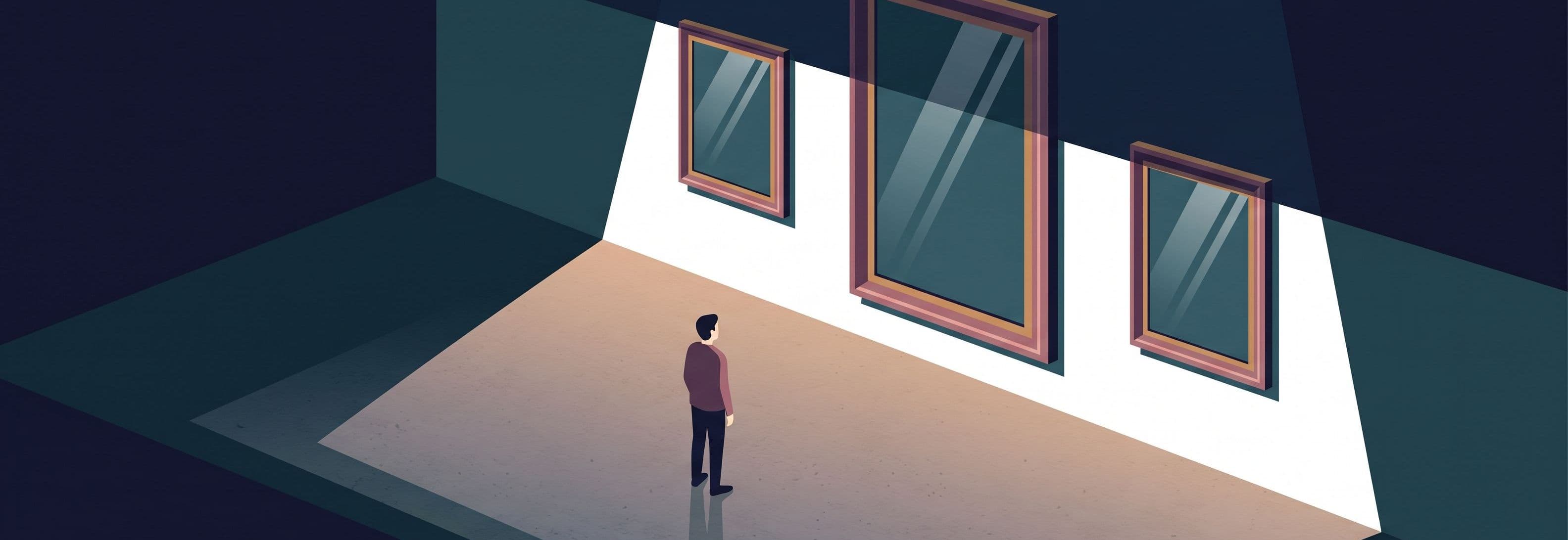 Solitary figure faces three identical empty frames on a gallery wall; the center frame is vastly larger than the flanking