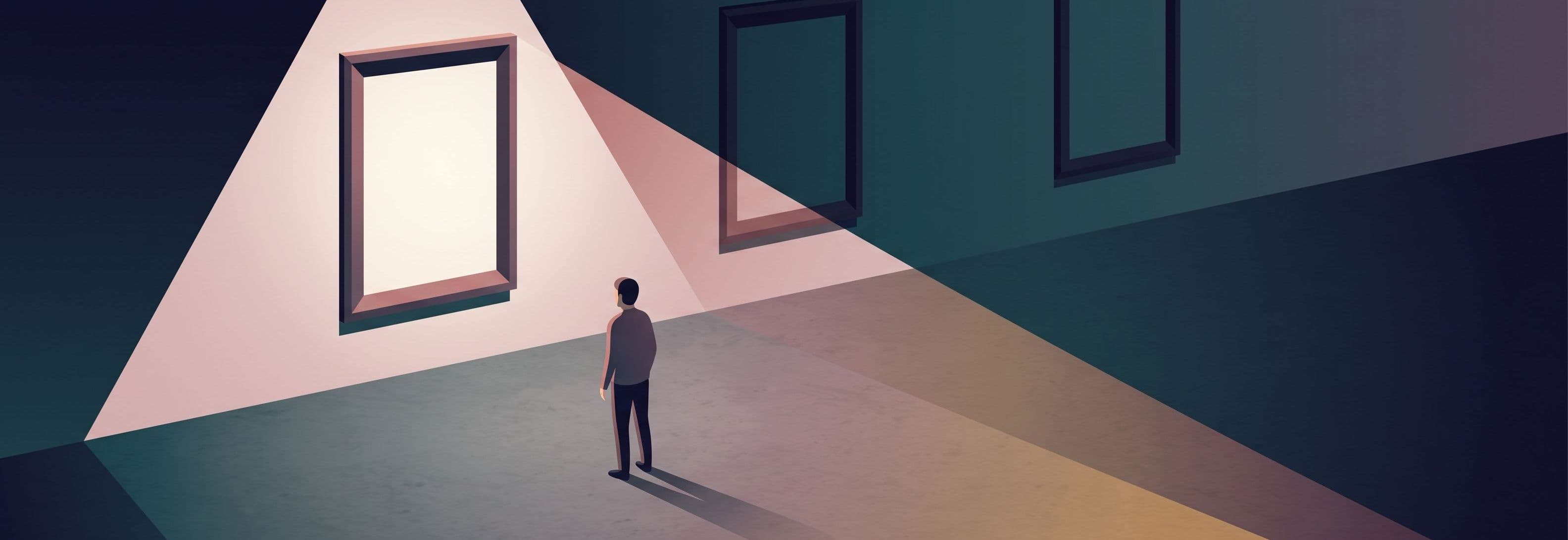 Lone figure in empty gallery facing three identical frames on a wall. One frame glows from within; the others vanish into
