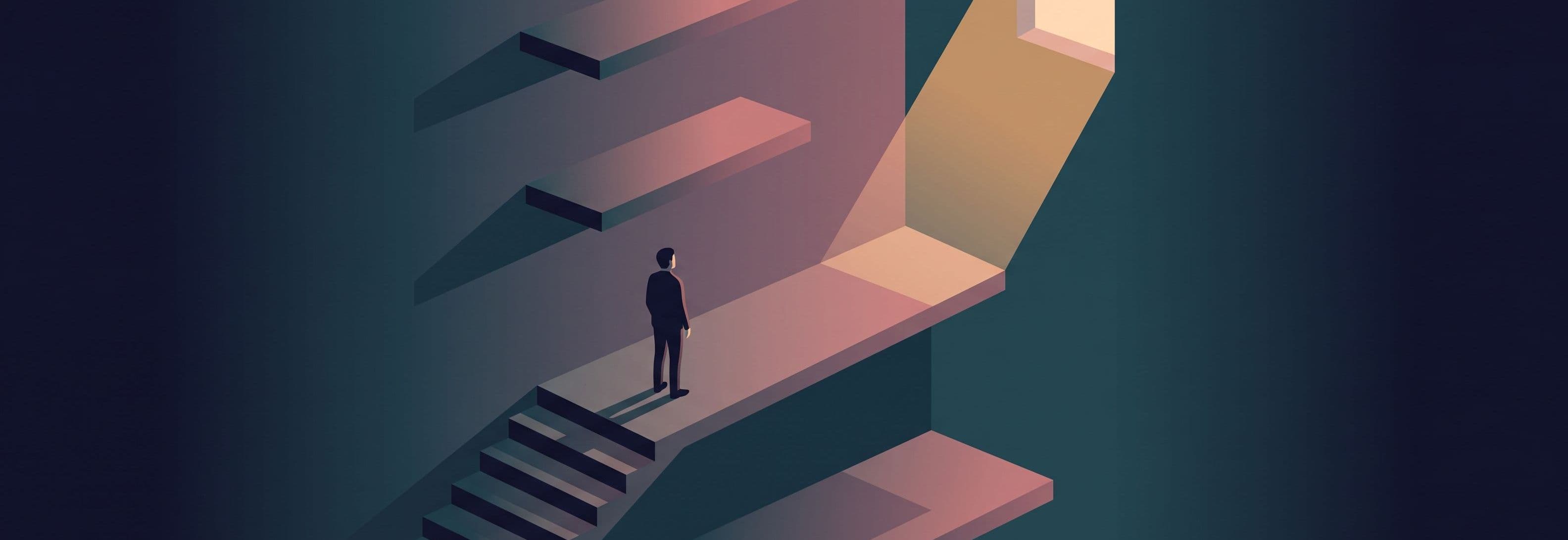 Solitary figure on a concrete landing in a stairwell. Three identical platforms set in the wall above and below. A fourth
