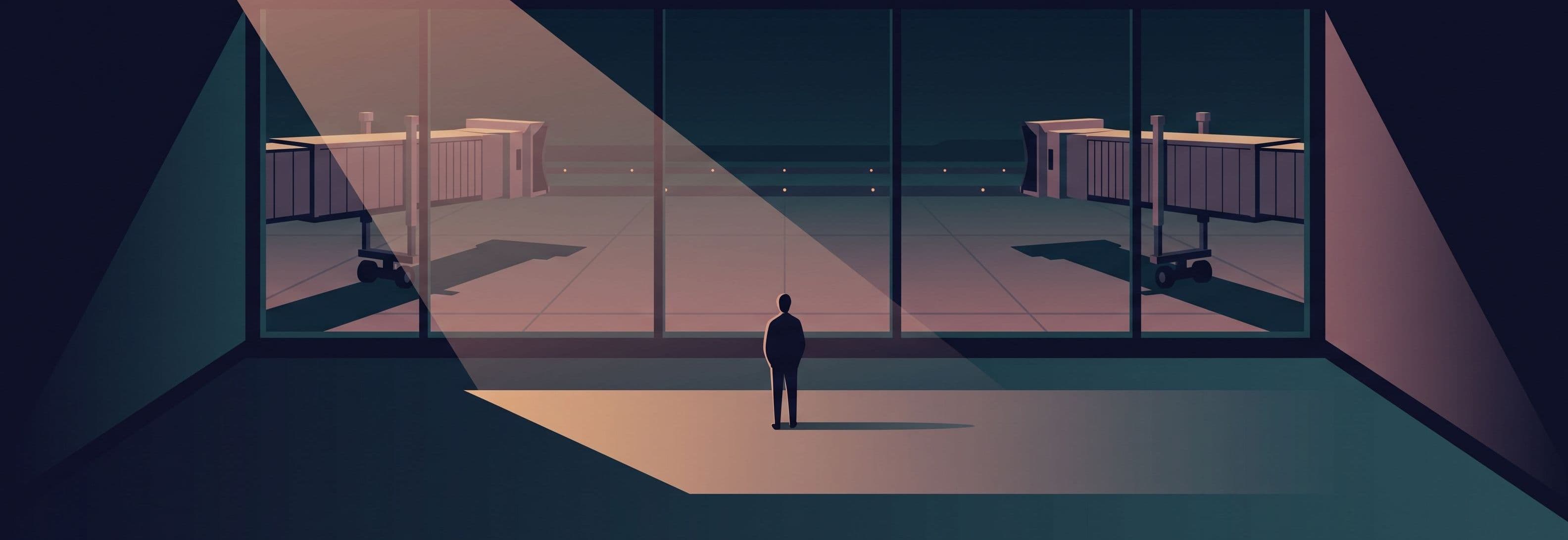 Figure in empty gate lounge at night, facing glass wall. Two identical jet bridges suspended above ground, their shadows cast