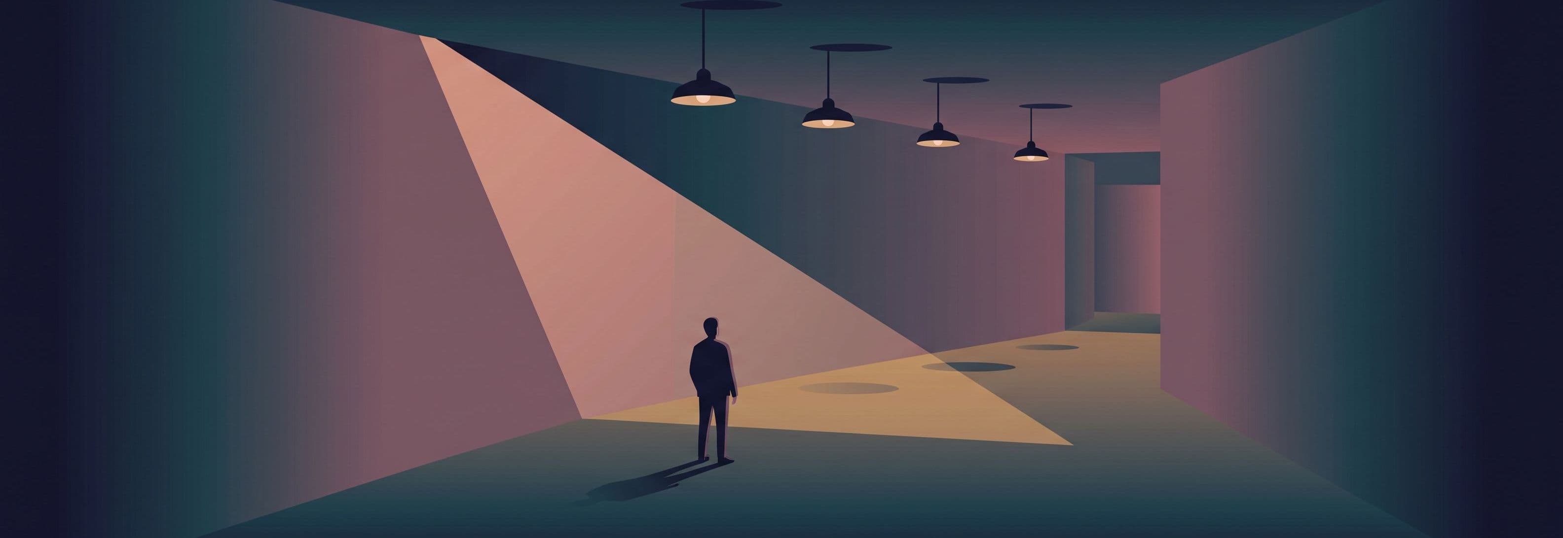 A lone figure stands in an empty corridor beneath four ceiling lights that float above their shadows.