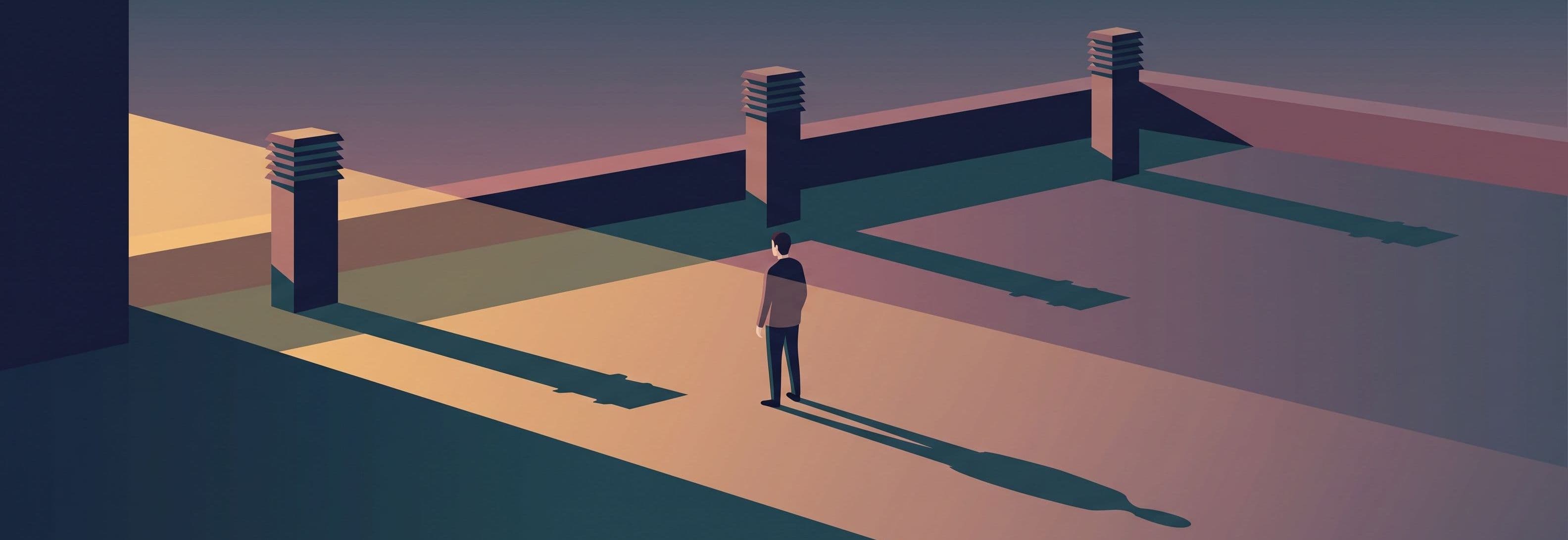 Solitary figure on a rooftop. Three identical vents cast shadows. One shadow passes through the figure's body as if it were