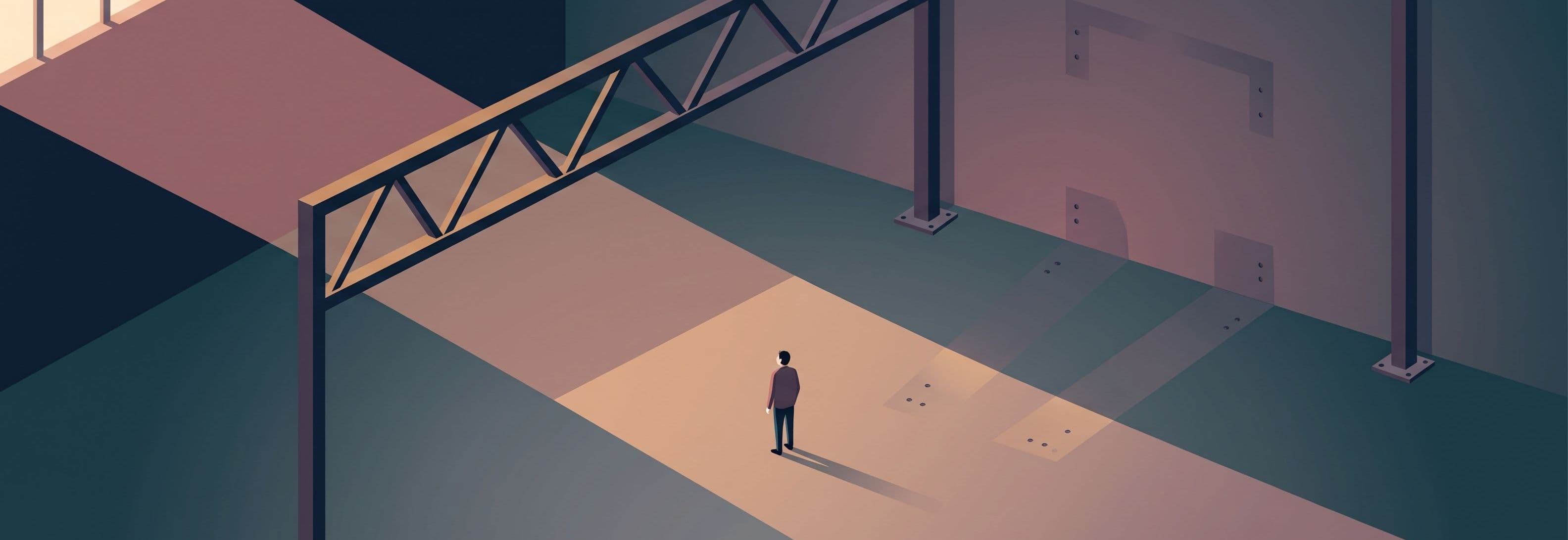 A lone figure in an empty warehouse faces two identical steel trusses. Only one truss stands. The second position is marked