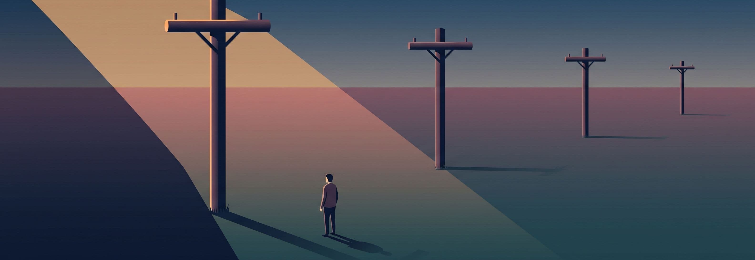 A solitary figure faces four telegraph poles across a dusk field. One pole is impossibly oversized, dwarfing the others. No
