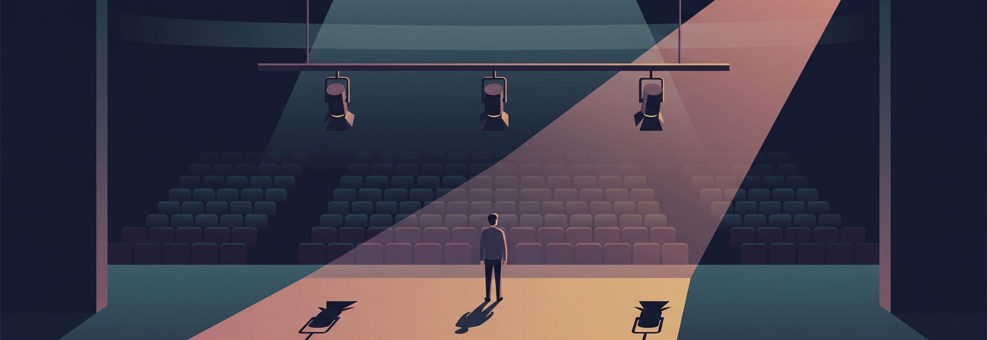 Figure on stage faces empty auditorium. Three identical lights hang above the floor but cast shadows as if touching it.