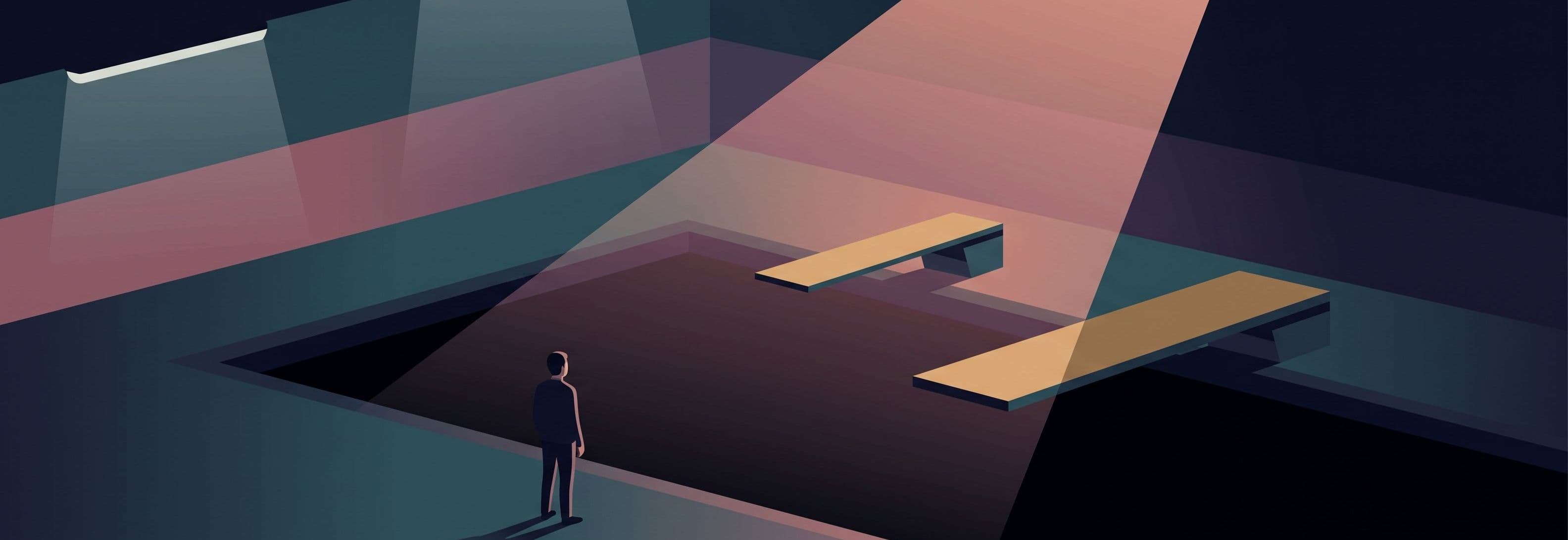 A lone figure stands between two identical diving boards in an empty pool hall. One board is normal-sized. The other is