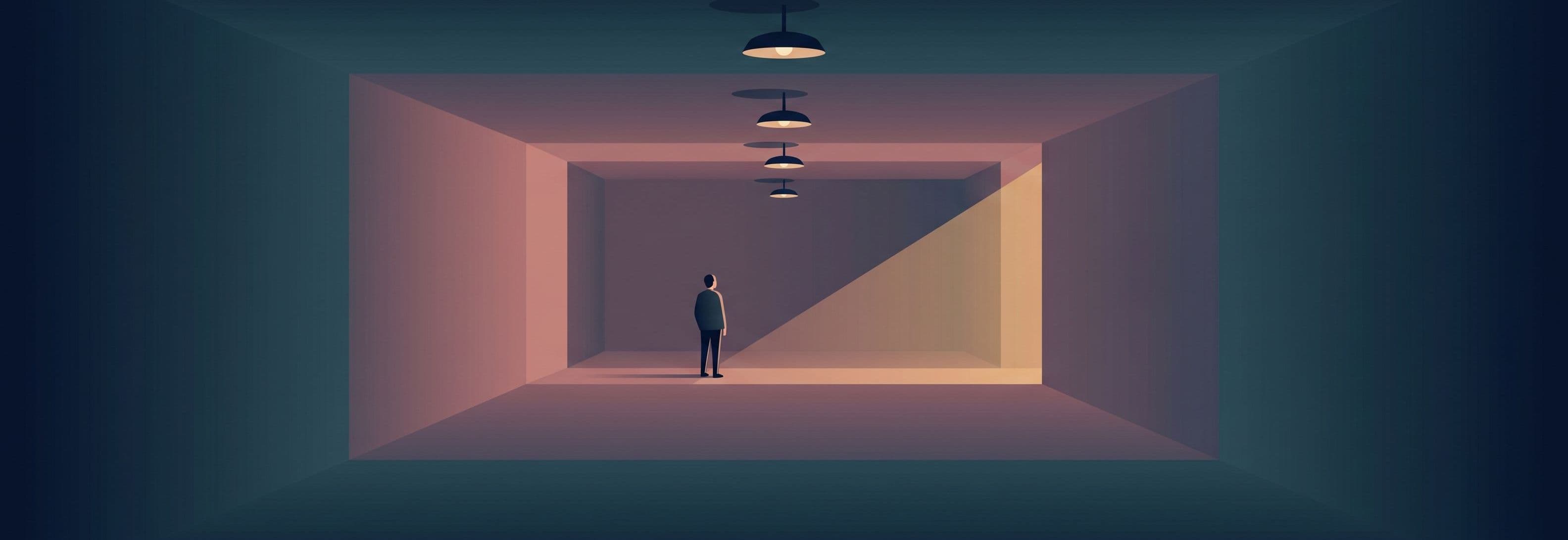 A person stands in an empty corridor beneath four ceiling lights that float above their mounts, their shadows still touching