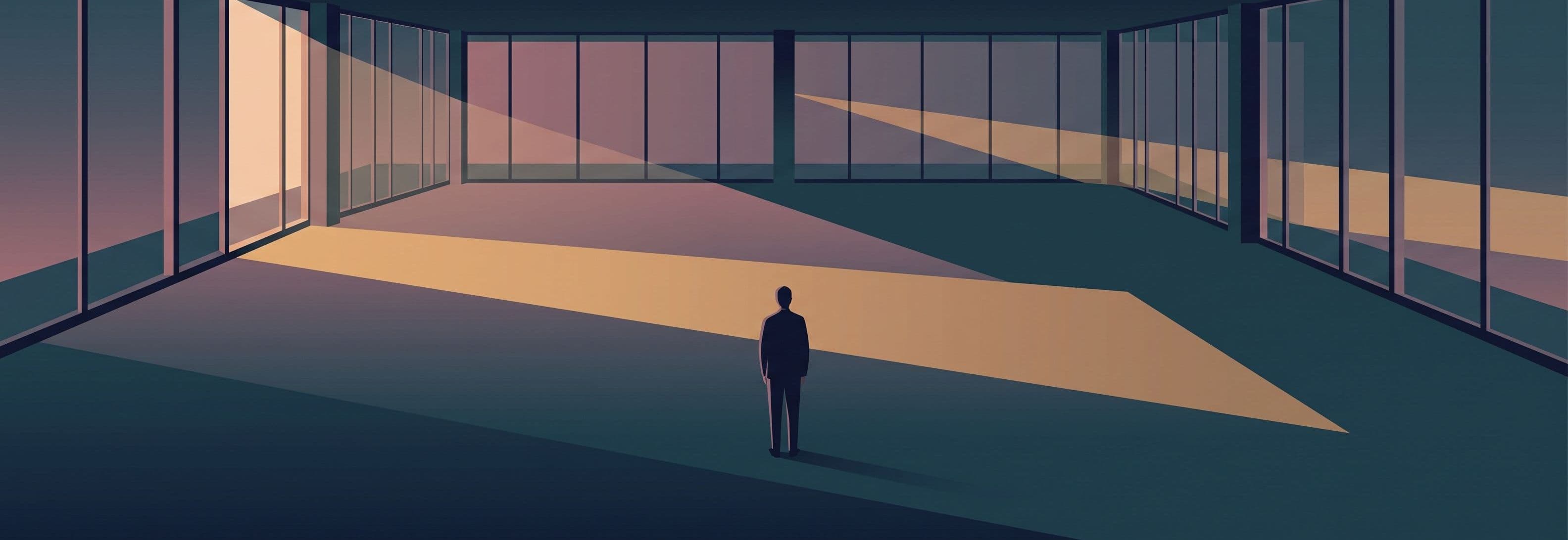 Figure in empty glass office. Daylight passes straight through a solid window bay as if the glass were not there.