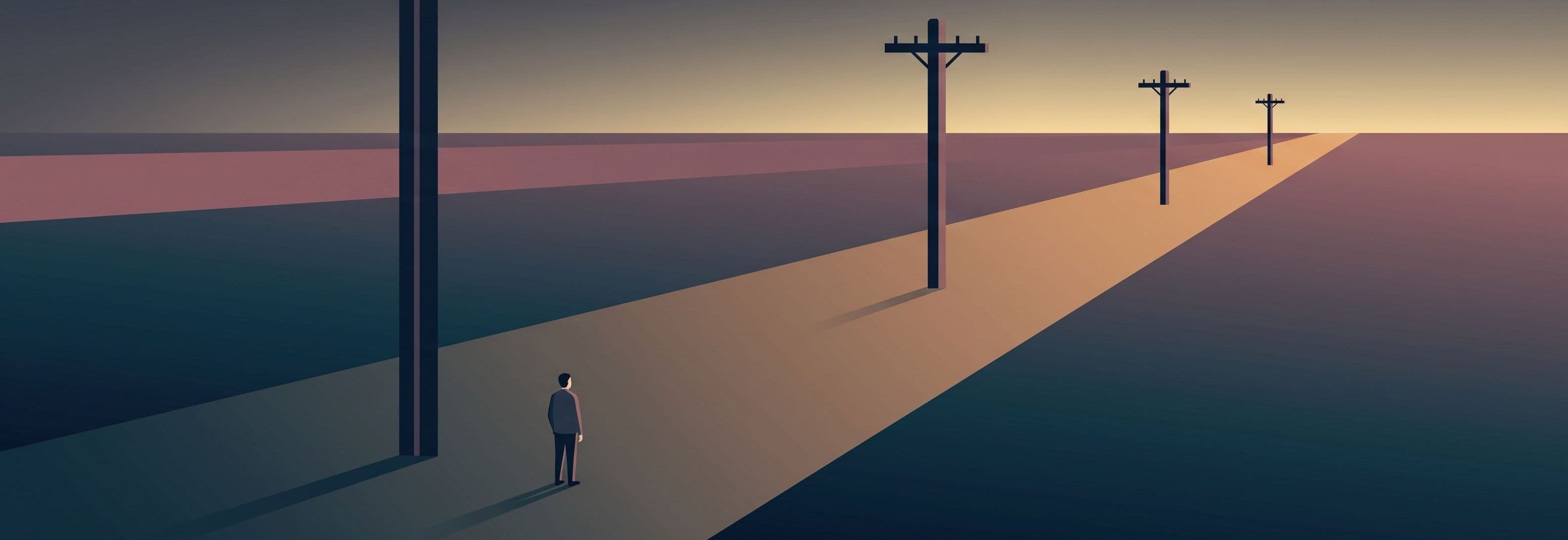Lone figure in a field at dusk. Four telegraph poles in a line. One is vastly larger than the others for no visible reason.