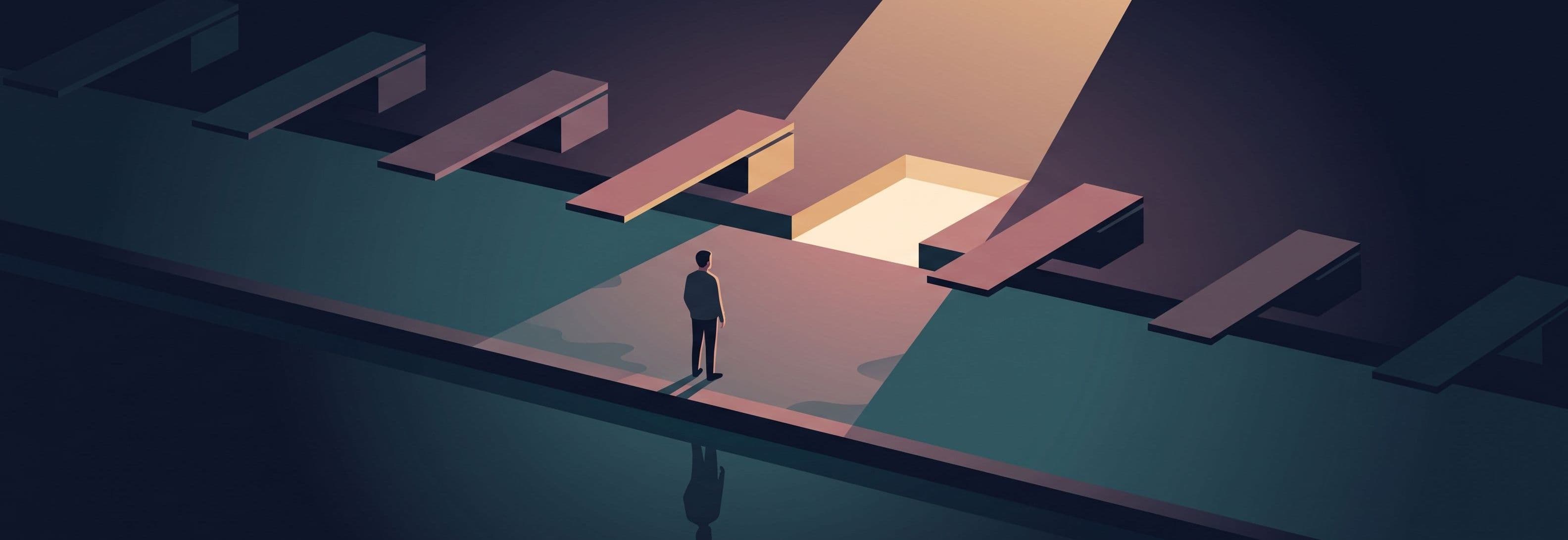 Silhouetted figure on a pool deck facing a row of identical diving boards. One is missing. The empty space where it should be