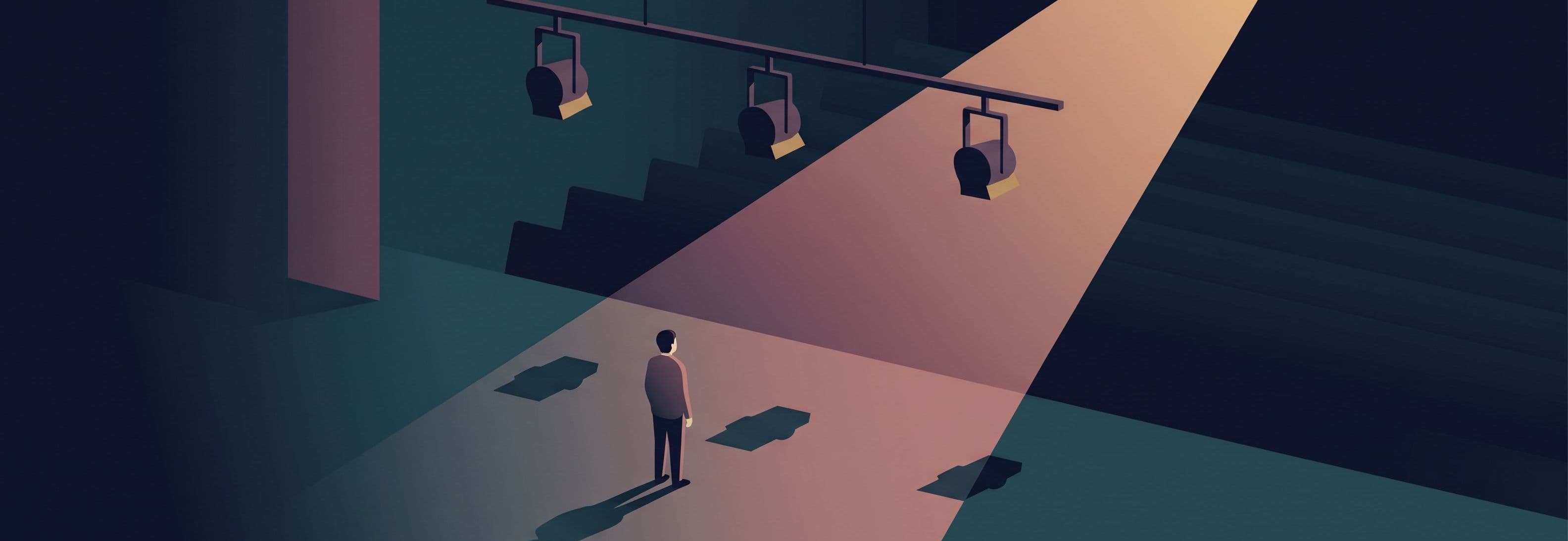 Three identical stage lights hang suspended above the stage floor, their shadows falling on the ground as if the lights were
