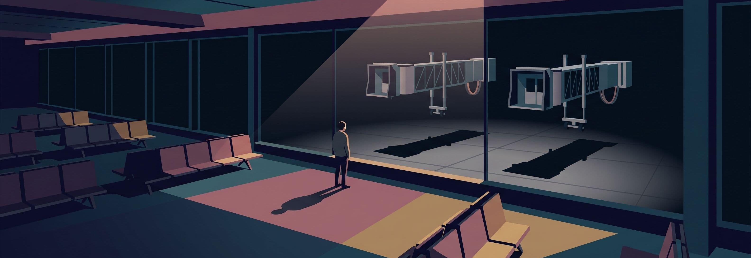 Figure at dark glass wall facing two floating jet bridges whose shadows remain on the ground below.