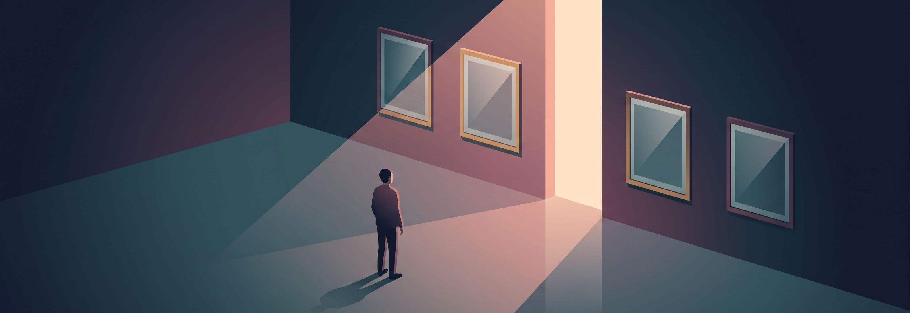 A lone figure faces a row of three identical empty frames on a gallery wall. The gap where a fourth frame belongs is brightly