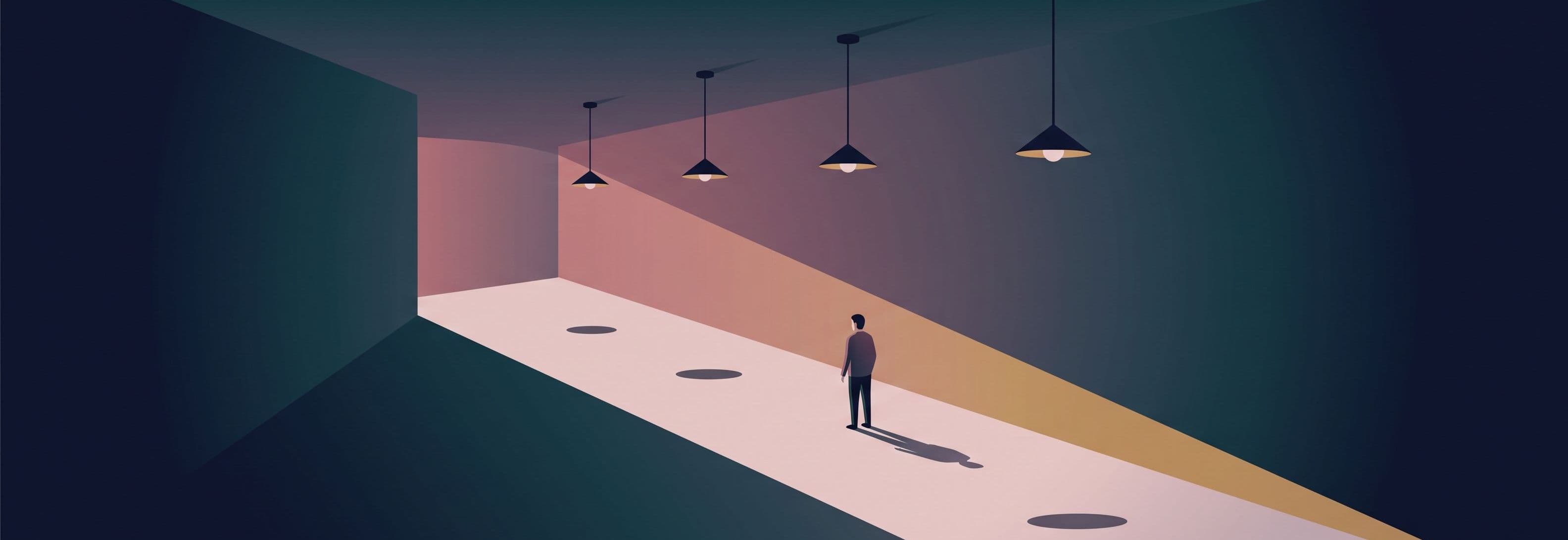Figure in empty corridor facing away. Four ceiling lights hover above the floor, their shadows still touching ground below.