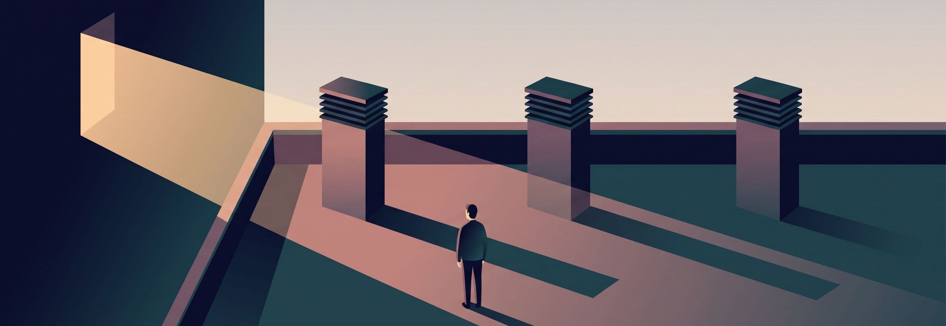 A lone figure on a rooftop watches three identical stacks. A shadow passes through the middle one as if it were not there.