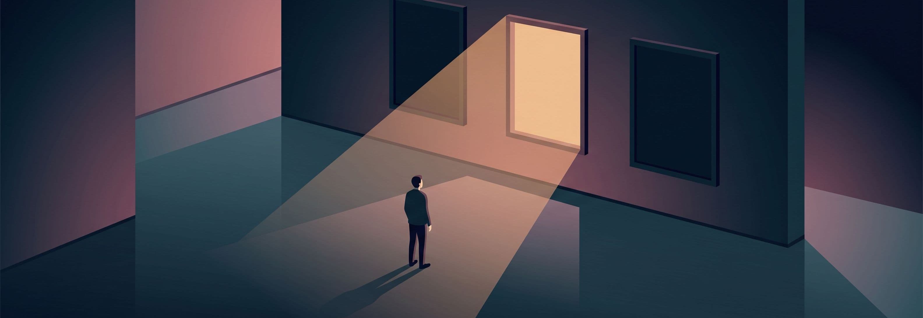 Empty gallery. Three frames on wall. The missing one glows. Two visible frames disappear into shadow.