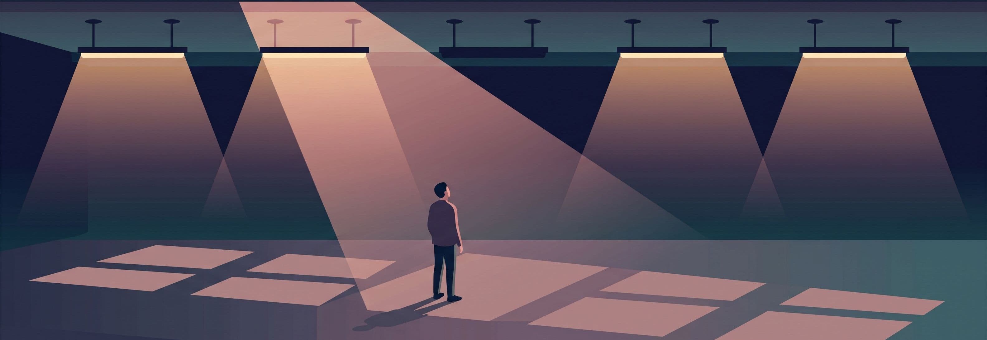 Figure in empty car park stands under a row of ceiling lights. Four glow. Four matching fixtures are missing, leaving empty