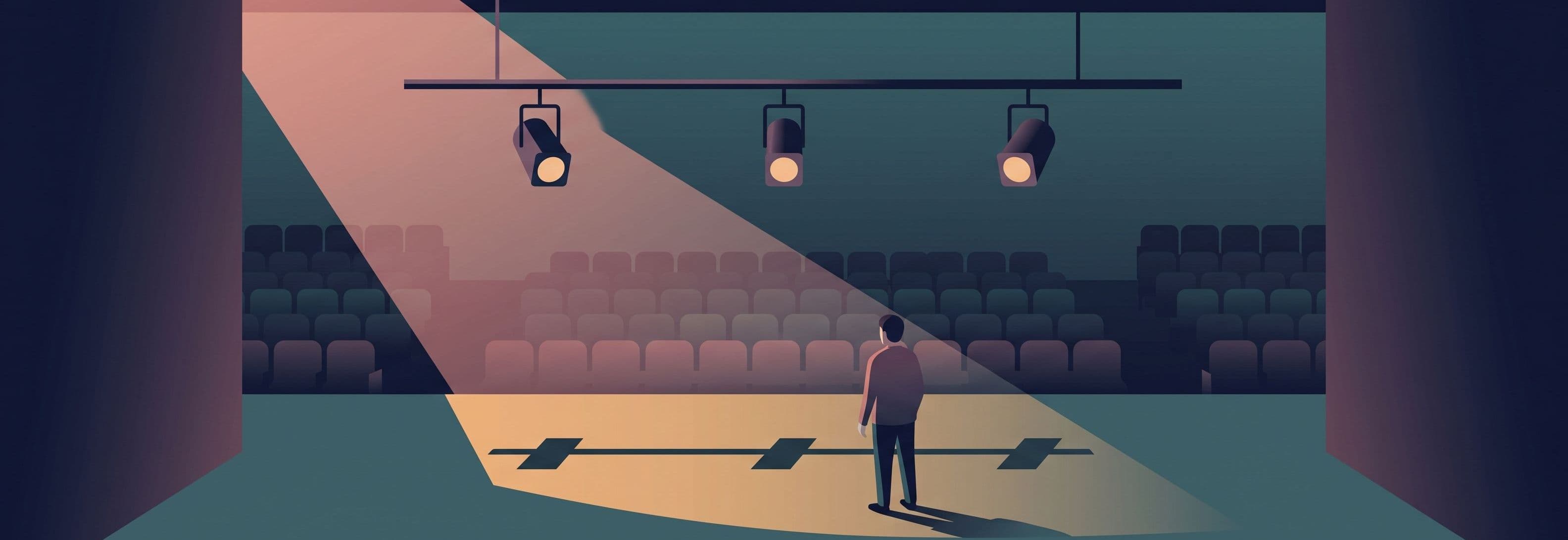 Figure on stage beneath three floating lights whose shadows fall on the ground below them.