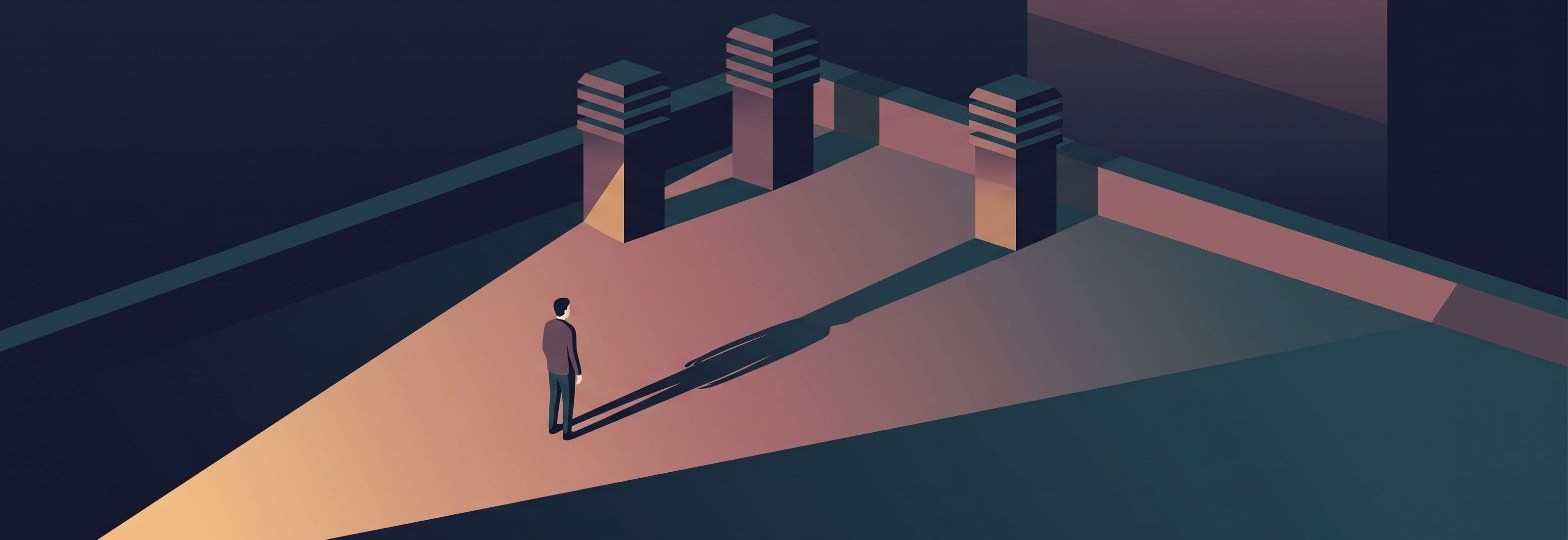 Figure on dusk rooftop watches three identical stacks. Shadow of leftmost stack passes through the other two as if they don't