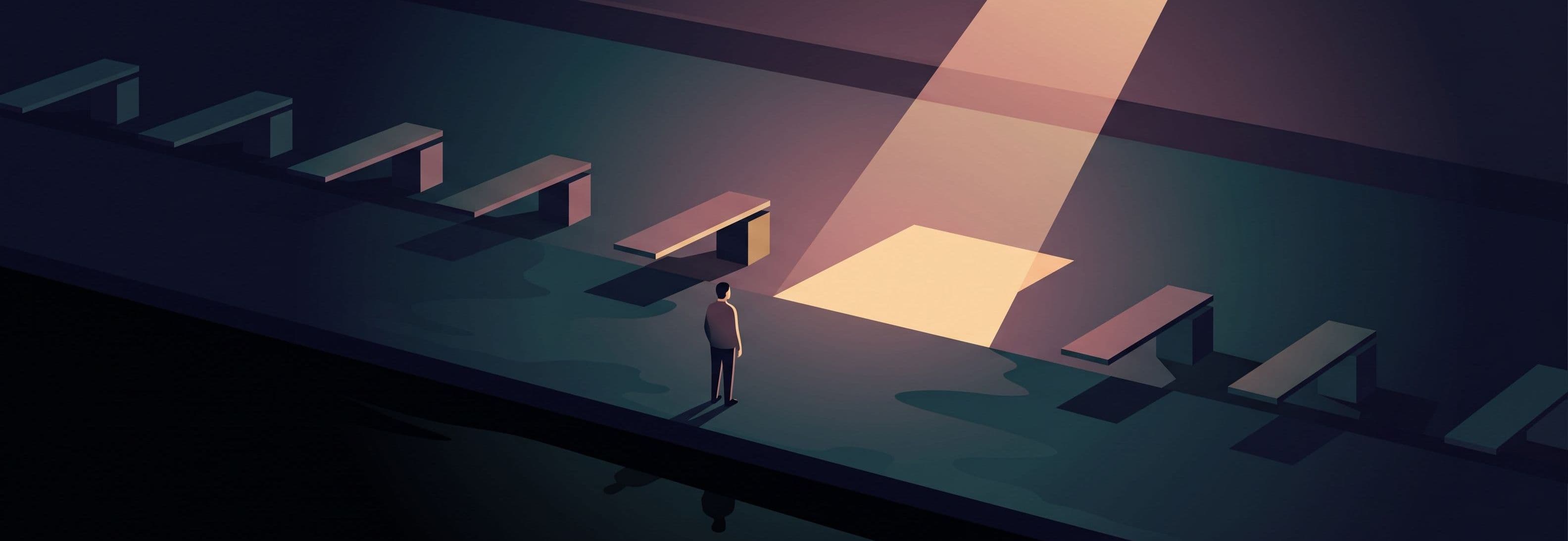 Empty pool hall at night. A figure stands before a row of diving boards. One missing board is brightly lit; the rest are