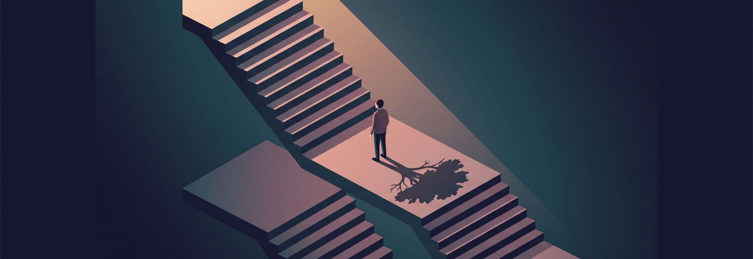 Solitary figure on a concrete stairwell landing. Three identical landings above and below. Shadow cast by the figure is a