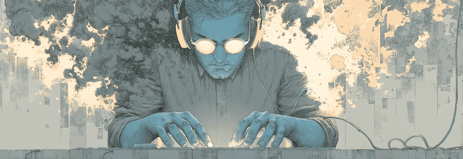 Worker at desk with shadowy duplicate figure behind, headphones glowing blue, split workspace showing control versus chaos.