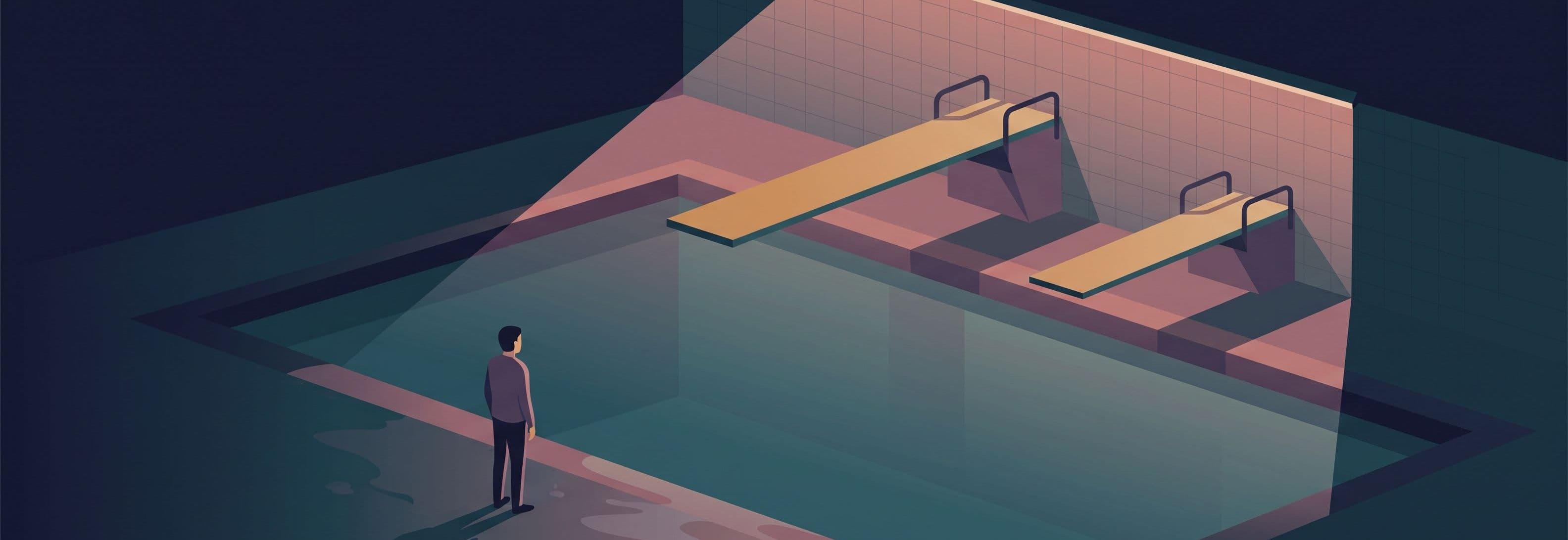 Lone figure on empty pool deck at night, facing two identical diving boards of radically different sizes side by side.