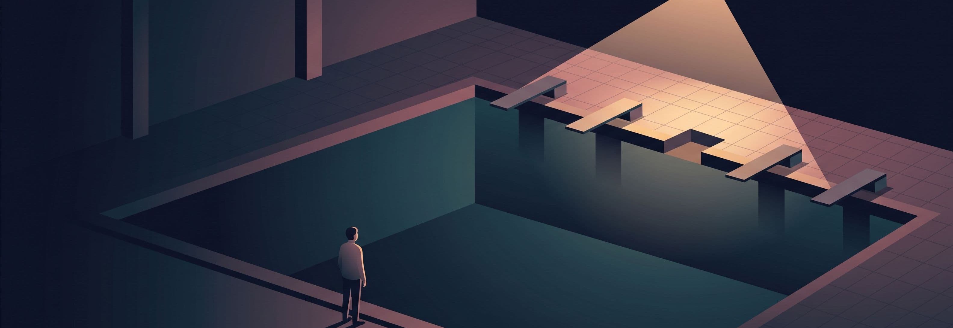 Empty pool hall at night. One missing diving board in a row, its gap brightly lit. A small figure watches from the far end in