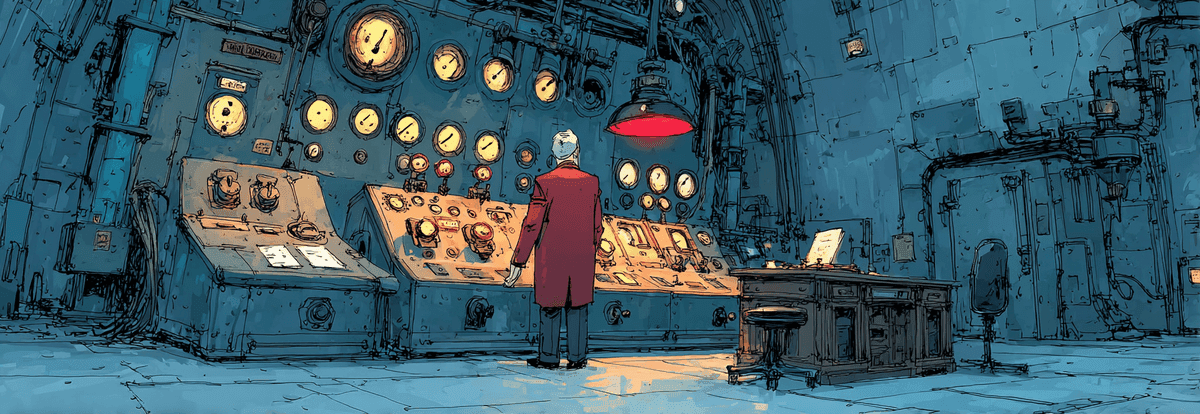 Figure holding a key, surrounded by sealed grey boxes, looking away from the one illuminated box that matters.