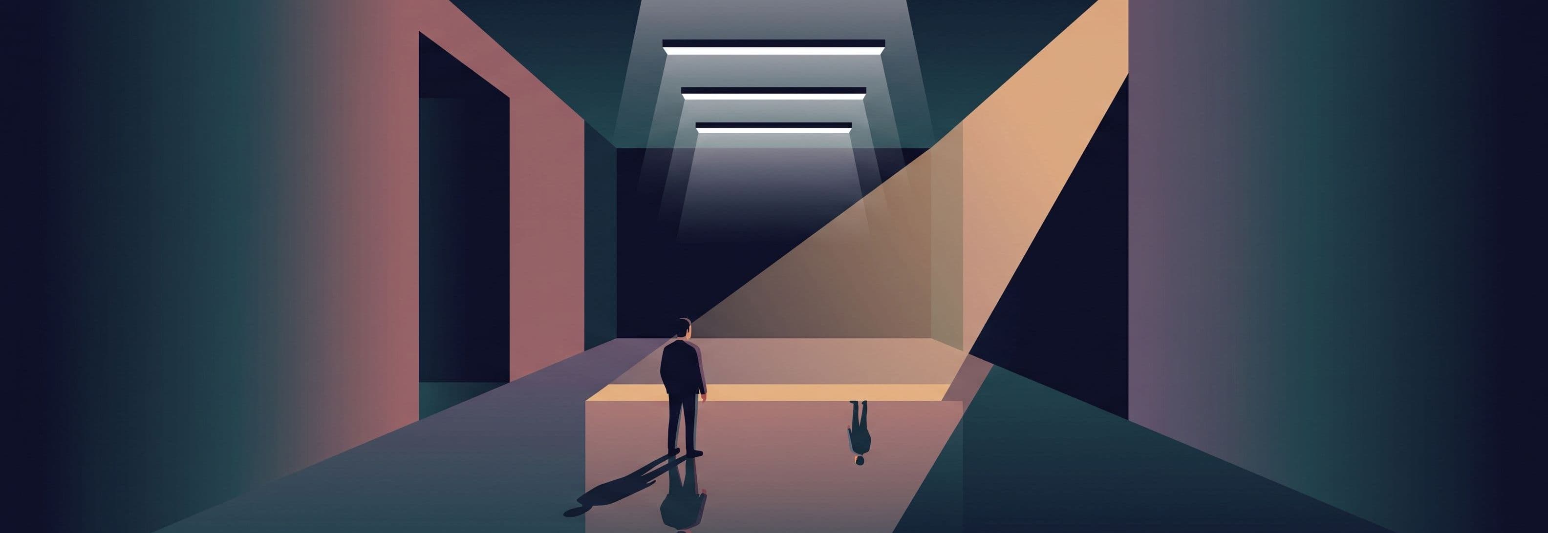 Figure in empty corridor faces forward; its reflection on the floor faces a different direction.