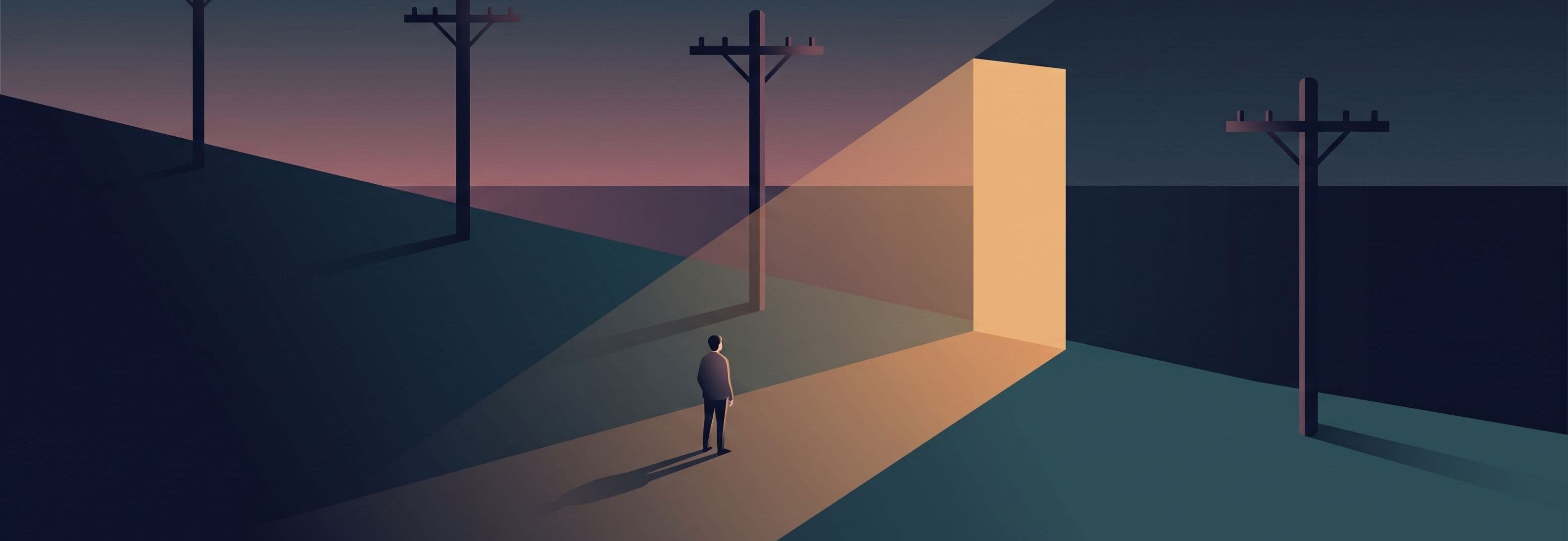 Four telegraph poles in a darkening field. One is missing. The empty space where it should be glows with light.