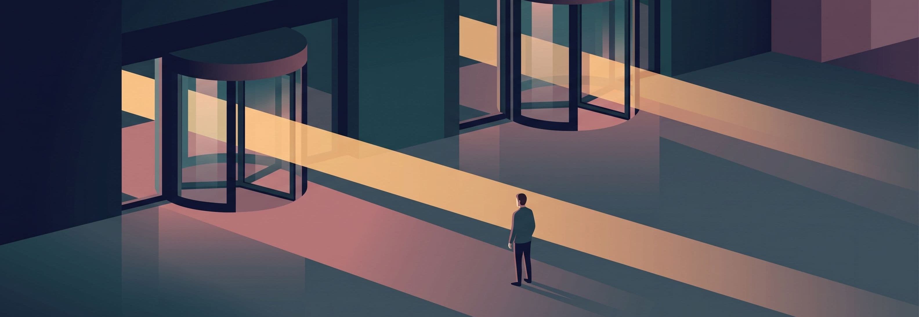 Figure in empty night lobby between two identical revolving doors. Light beam passes straight through both door frames