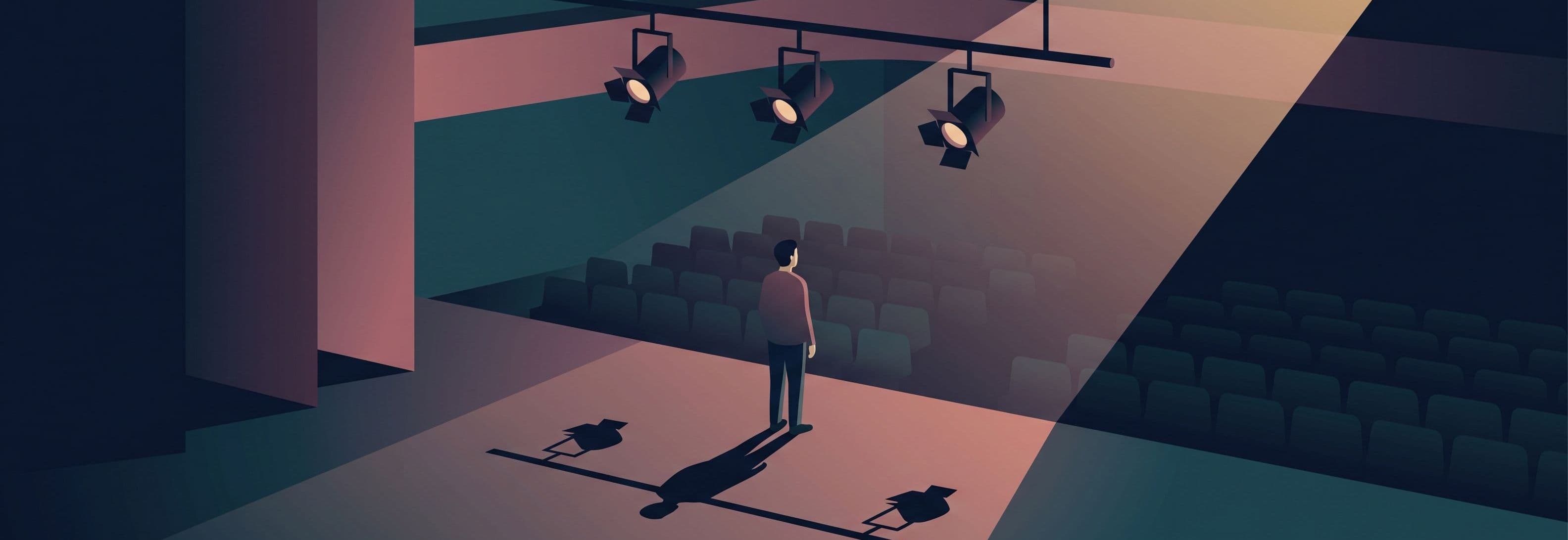 Three stage lights float above the stage. Their shadows rest on the floor below as if the lights were still there.