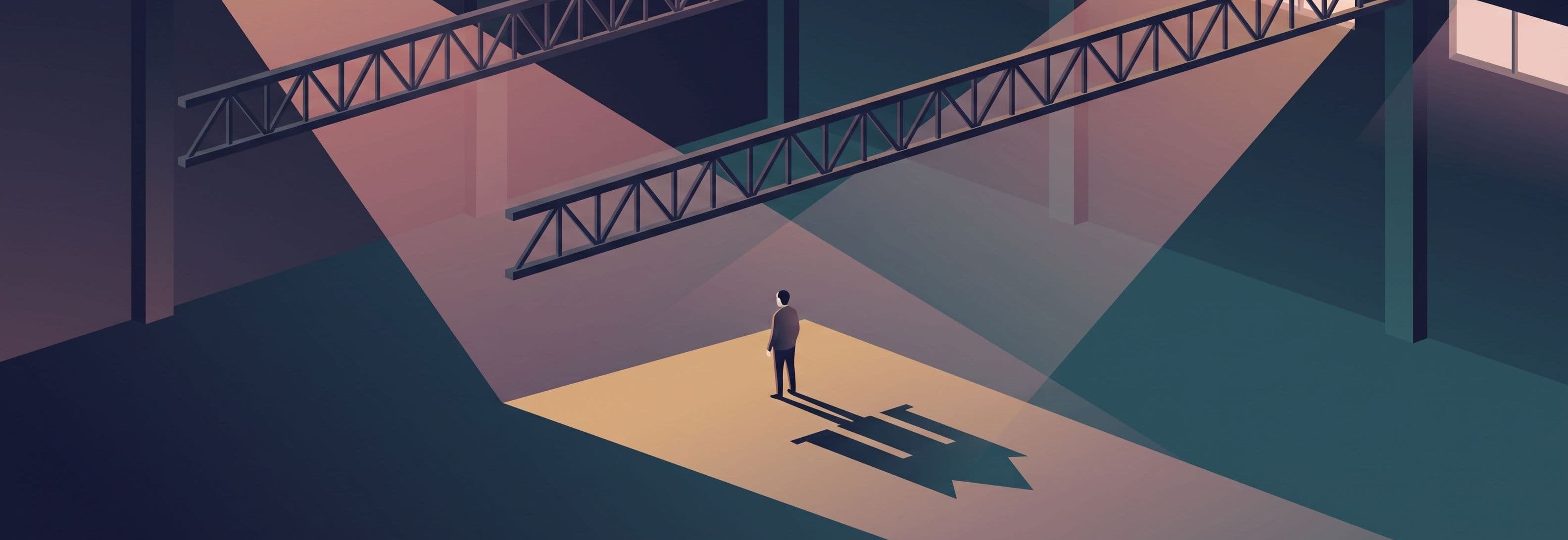 Figure alone in empty warehouse beneath two identical steel trusses. Its shadow on the concrete floor is not human.