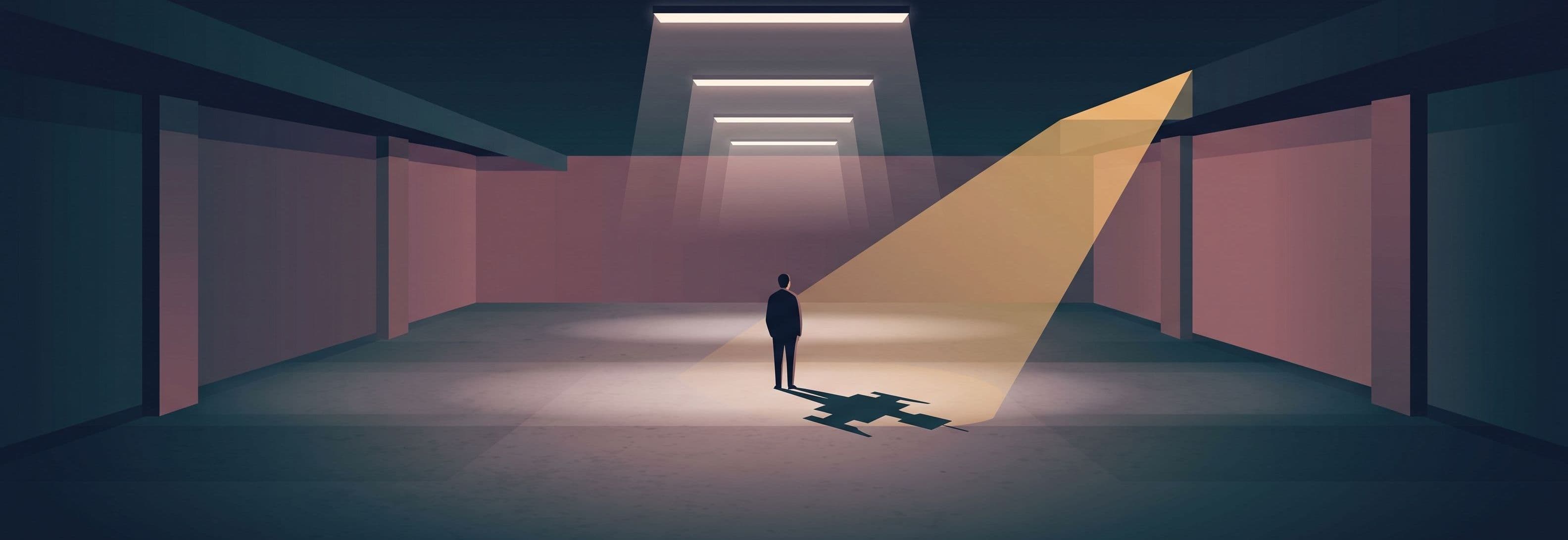 Solitary figure in empty concrete garage. Four overhead lights. Shadow cast by the figure is not human.