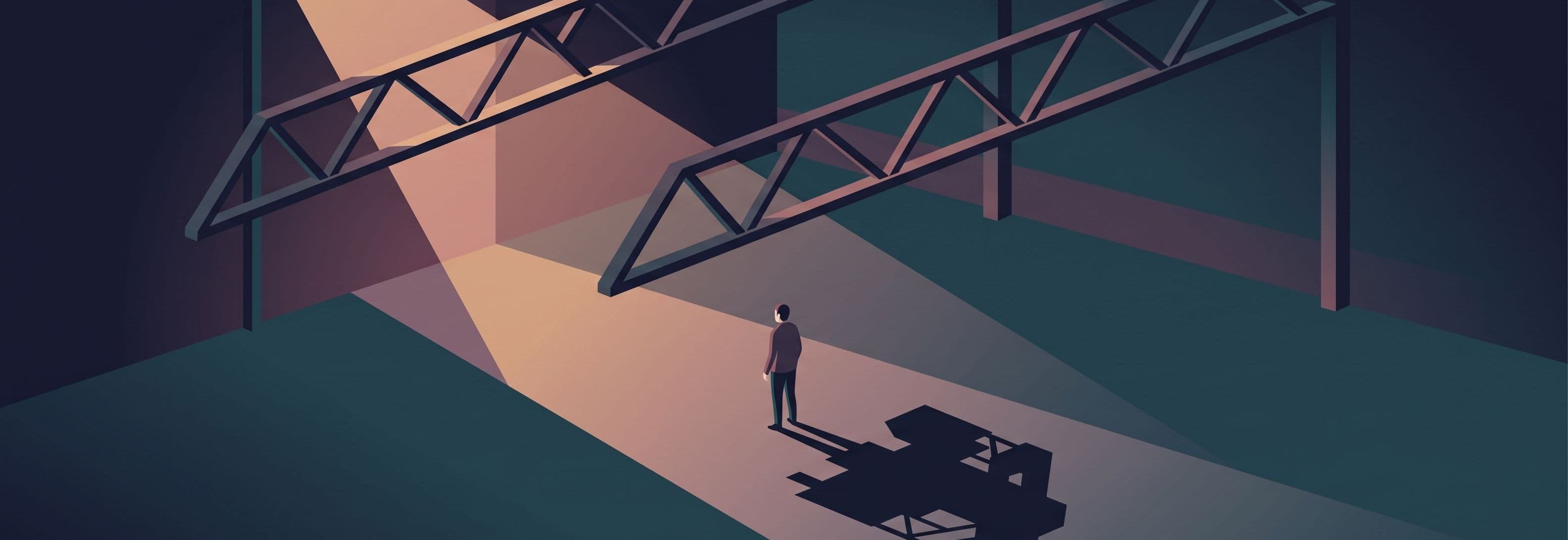 Figure in empty warehouse beneath two identical steel trusses casts a shadow shaped like something that isn't there.