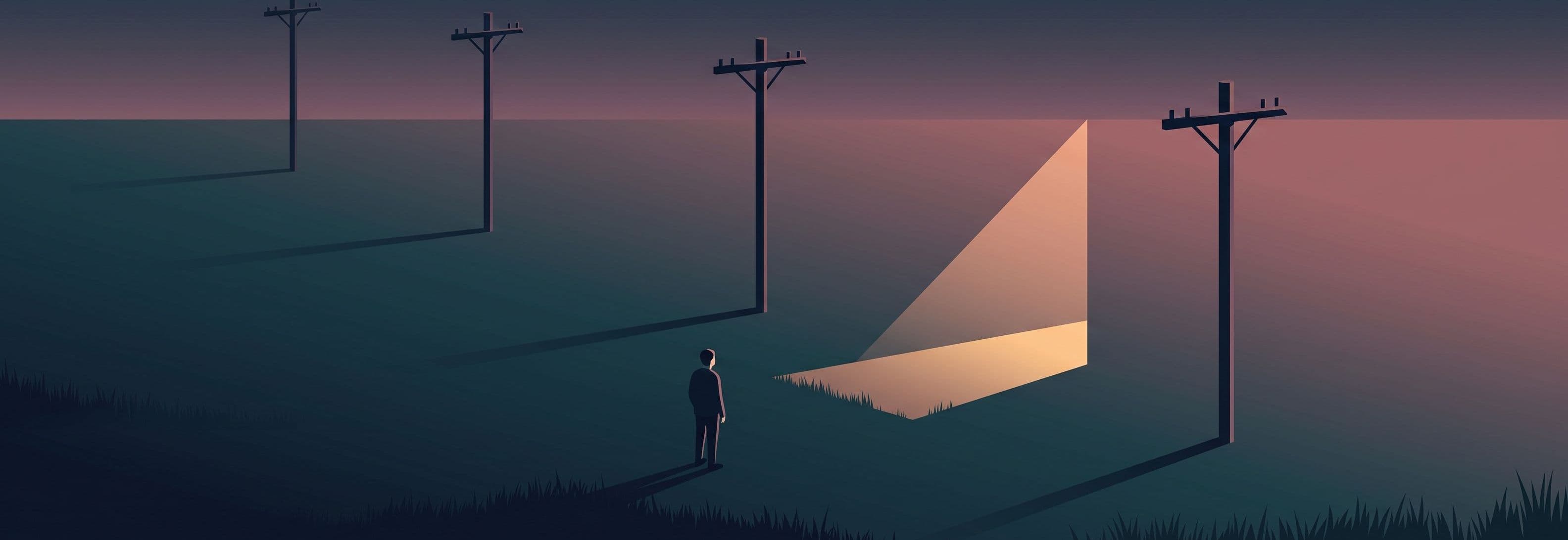 Empty field at dusk. Four telegraph poles in a row. The gap where one is missing glows with light. A lone figure stands in