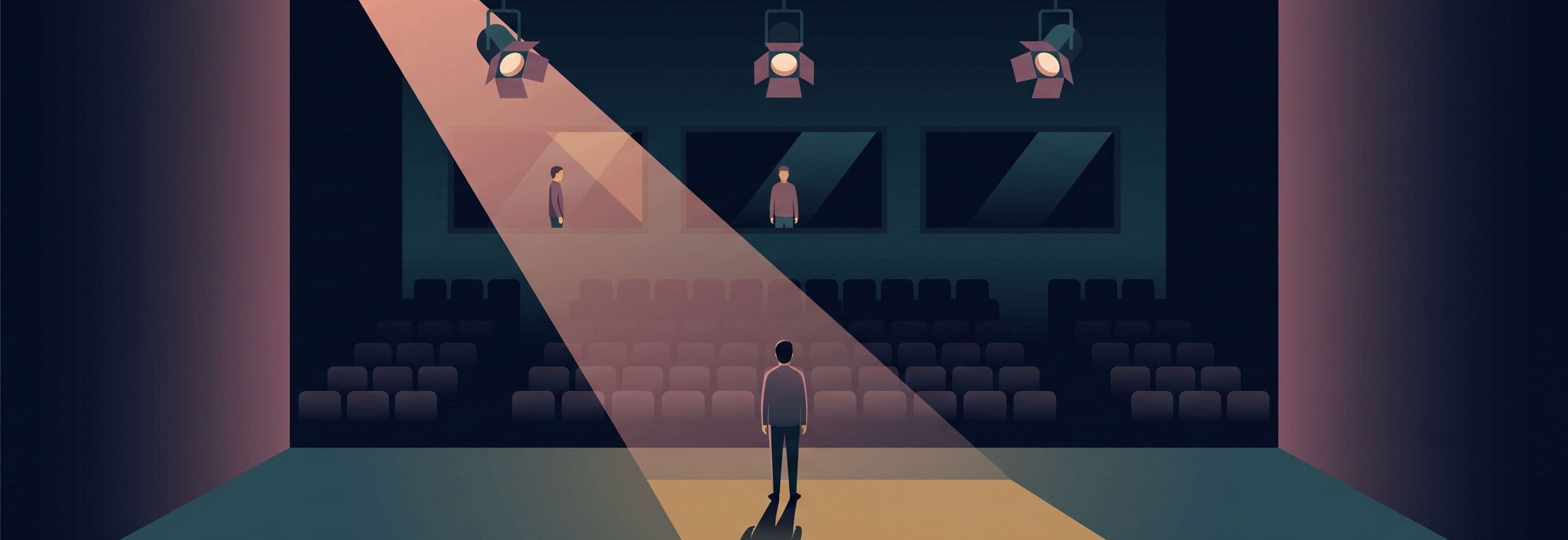 Figure on empty stage beneath three identical lights. Their reflection in the auditorium behind them appears three different