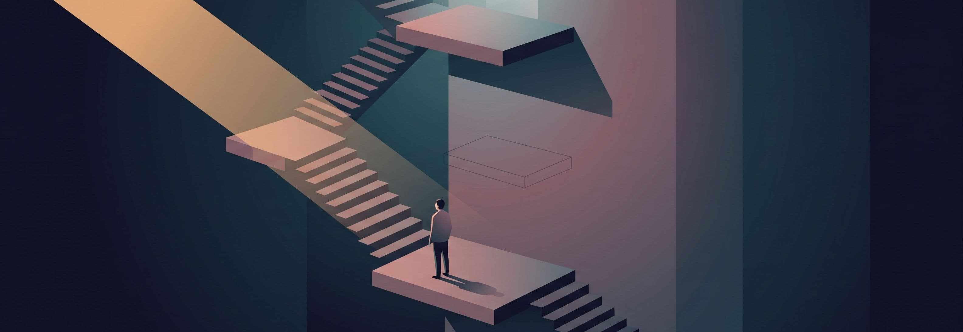 One figure on a concrete landing in a bare stairwell. Two more identical landings above, but only mounting marks where they