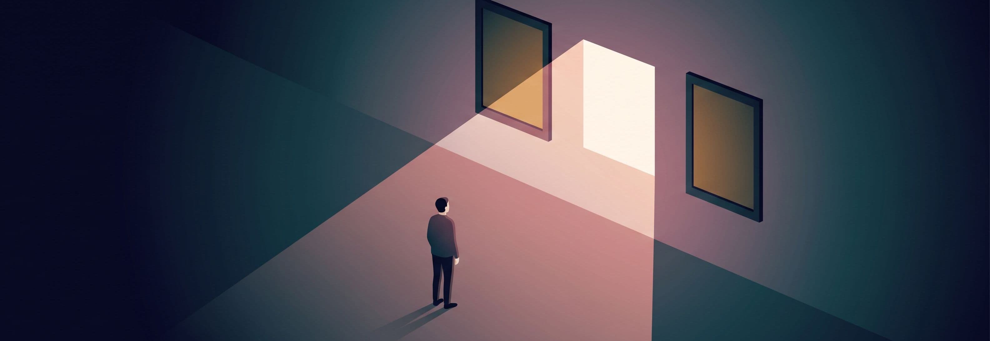 Figure in empty gallery facing three picture frames on a wall. The middle frame is missing. Bright light floods the empty gap