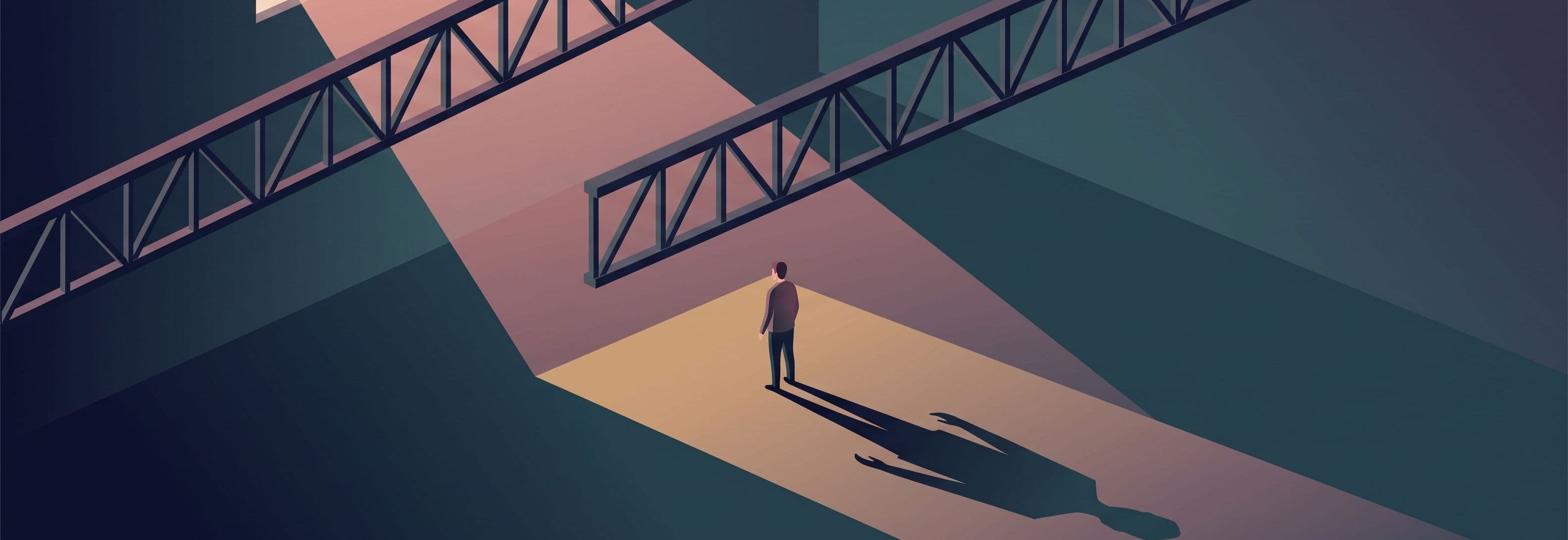 Lone figure in empty warehouse beneath two identical steel trusses. Shadow cast by figure shows a completely different