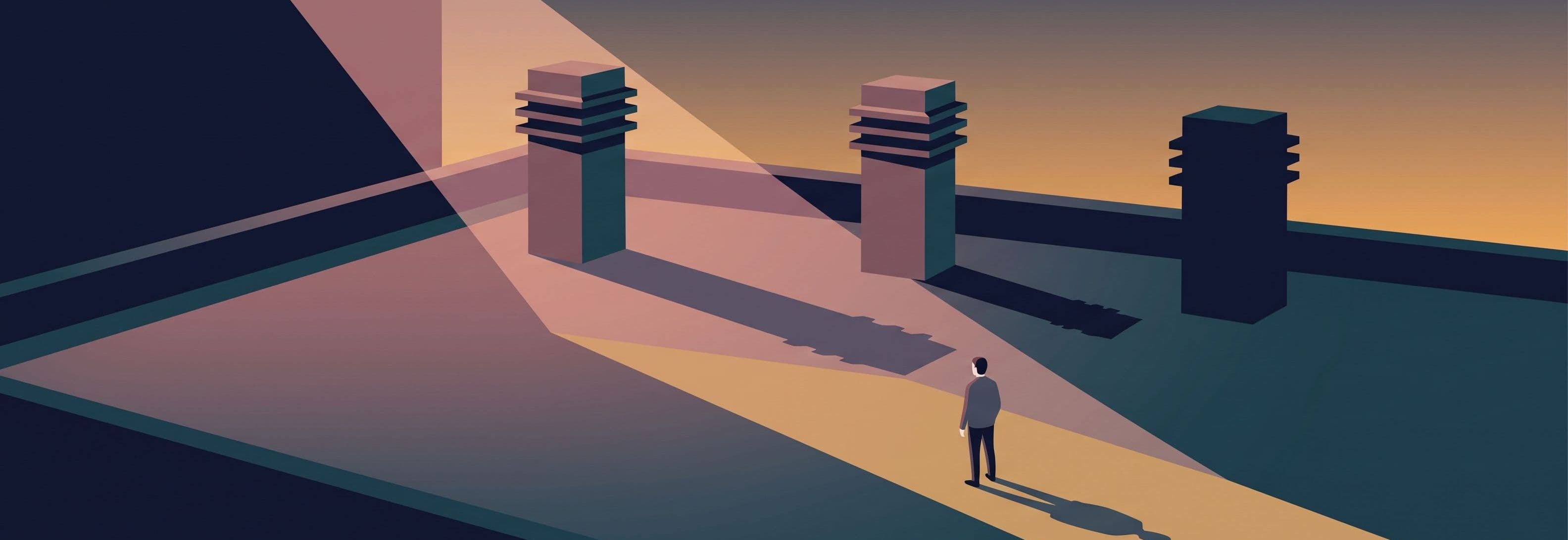 Lone figure on a rooftop facing three identical ventilation stacks that cast shadows at conflicting angles, one casting none.
