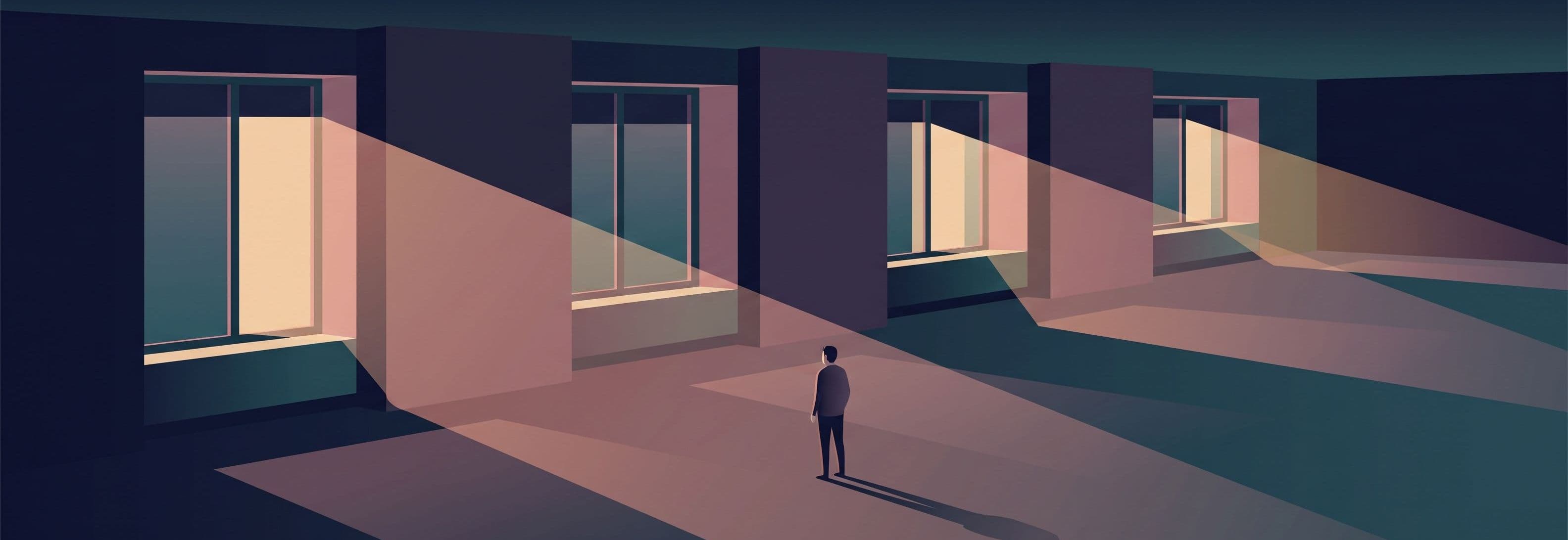 Lone figure in empty office. Four identical windows. Light passes straight through solid walls between them as if the walls